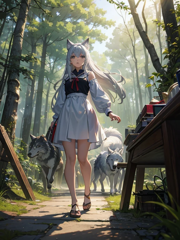 masterpiece, Highest quality, High resolution，Follow the on-screen instructions、Anime Style、A realistic composition、A scene from the anime、Follow the prompts、A girl and a wolf on the screen、Long silver hair、Chasing with wolves in the forest、The wolf runs ahead、A girl chases a wolf、
