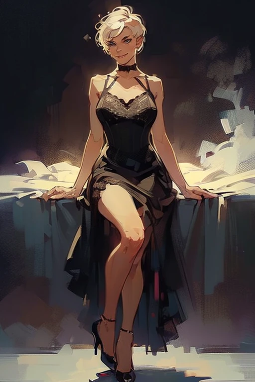 ((full body:1.4)).(rule of thirds:1.4), ((ultra realistic illustration:1.2)),Athletic blonde woman, (short hair), tomboy, cute, ((smile)), sexy, smoky eye, choker, sheer lace black minidress, high heels.Masterpiece, best quality,(highly detailed:1.2),(detailed face and eyes:1.2), 8k wallpaper, depth of field, natural lighting. core shadows, high contrast, bokeh.