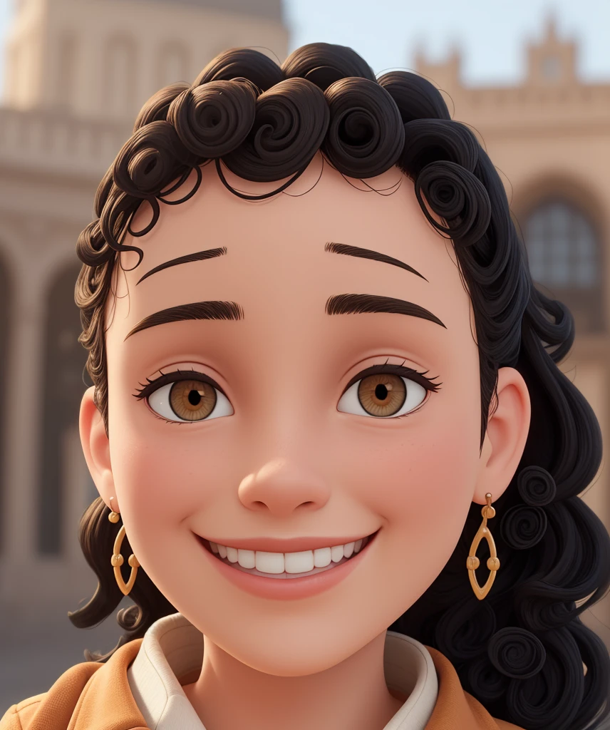 ((girl with curly black hair, Grinning. work of art,best qualityer)), 4K, high resolution, 1 girl, standing alone, ssmile, brown dress, (perfumer's outfit2:1.2),