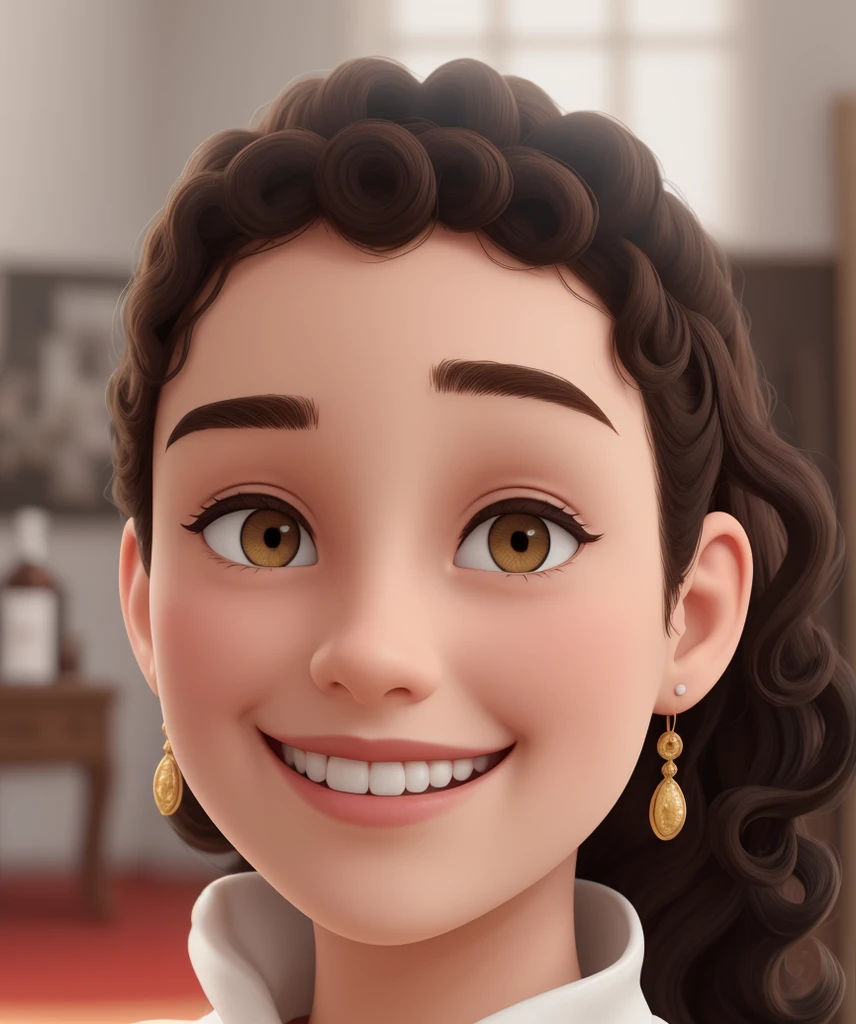 ((girl with curly black hair, Grinning. work of art,best qualityer)), 4K, high resolution, 1 girl, standing alone, ssmile, brown dress, (perfumer's outfit2:1.2),