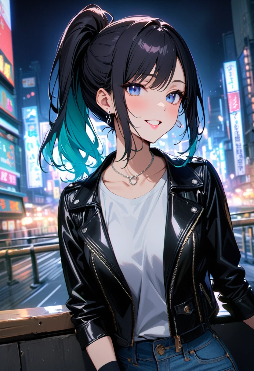 (masterpiece, best quality:1.3), (A young woman, 19-years-old, solo, Caucasian, face, black hair, cyan hair, gradient hair, ponytail, two-tone hair, swept bangs, pink lipstick, cheerful smile, mouth open, blue eyes, perfecteyes:1.1), (black leather jacket, white t-shirt, thin silver necklace, small silver earrings, light blue denim pants, Tokyo city, upper body, night:1.2)
