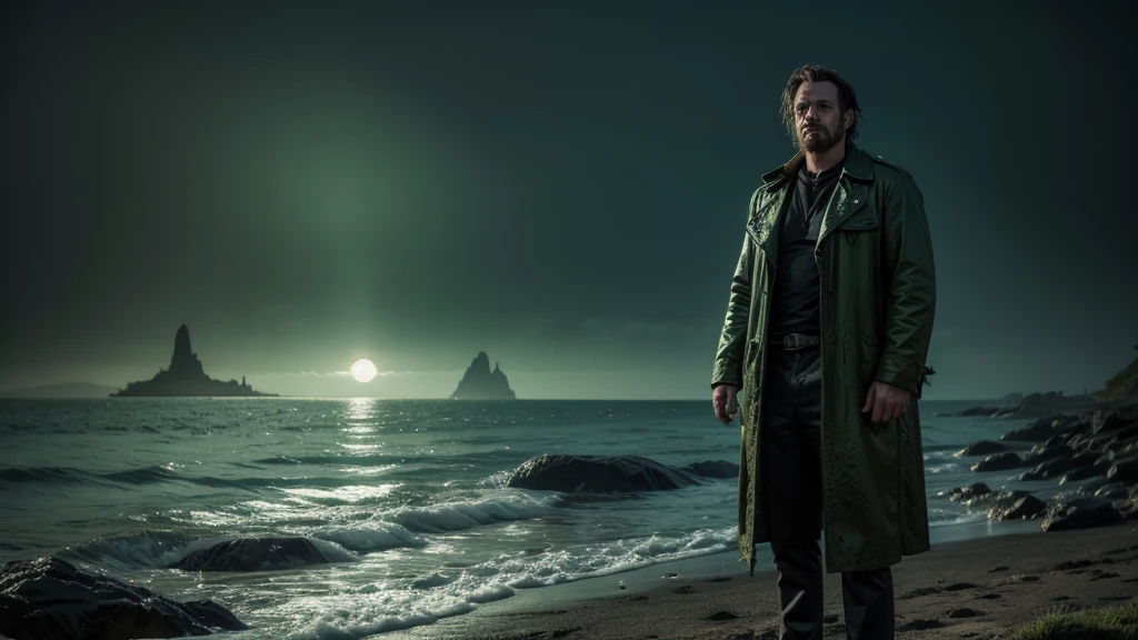 Coast man with green horror vibe background 