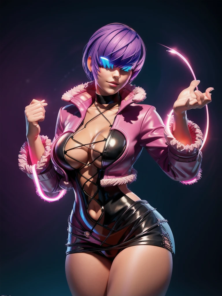 (night), in a video game scene with a neon background and a neon light, Standing at attention, pink suit, pink jacket, choker, neckline, clothing cut, earrings, purple hair, eyes completely covered by hair bangs ((hair over eyes)), 1 girl, 20 years old, Young woman, Beautiful finger, Beautiful long legs, Beautiful body, Beautiful nose, Beautiful character design, perfect face, looking at viewer (focusing on his face), mouth closed, Light_Smile, official art, extremely detailed CG unity 8k wallpaper, perfect lighting, colorful, bright front lighting, shiny skin, (masterpiece: 1.0), (best_quality: 1.0), ultra-high resolution, 4K, ultra-detailed, photography, 8K, HDR, high resolution, absurdities:1.2, Kodak portra 400, film grain, blurred background, bokeh:1.2, lens flare, (vibrant_color:1.2), professional photography, (Beautiful, breasts: 1.4), (beautiful_face: 1.5), (narrow_waist),
