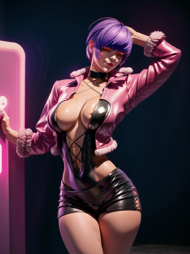 (night), in a video game scene with a neon background and a neon light, Standing at attention, pink suit, pink jacket, choker, neckline, clothing cut, earrings, purple hair, eyes completely covered by hair bangs ((hair over eyes)), 1 girl, 20 years old, Young woman, Beautiful finger, Beautiful long legs, Beautiful body, Beautiful nose, Beautiful character design, perfect face, looking at viewer (focusing on his face), mouth closed, Light_Smile, official art, extremely detailed CG unity 8k wallpaper, perfect lighting, colorful, bright front lighting, shiny skin, (masterpiece: 1.0), (best_quality: 1.0), ultra-high resolution, 4K, ultra-detailed, photography, 8K, HDR, high resolution, absurdities:1.2, Kodak portra 400, film grain, blurred background, bokeh:1.2, lens flare, (vibrant_color:1.2), professional photography, (Beautiful, breasts: 1.4), (beautiful_face: 1.5), (narrow_waist),
