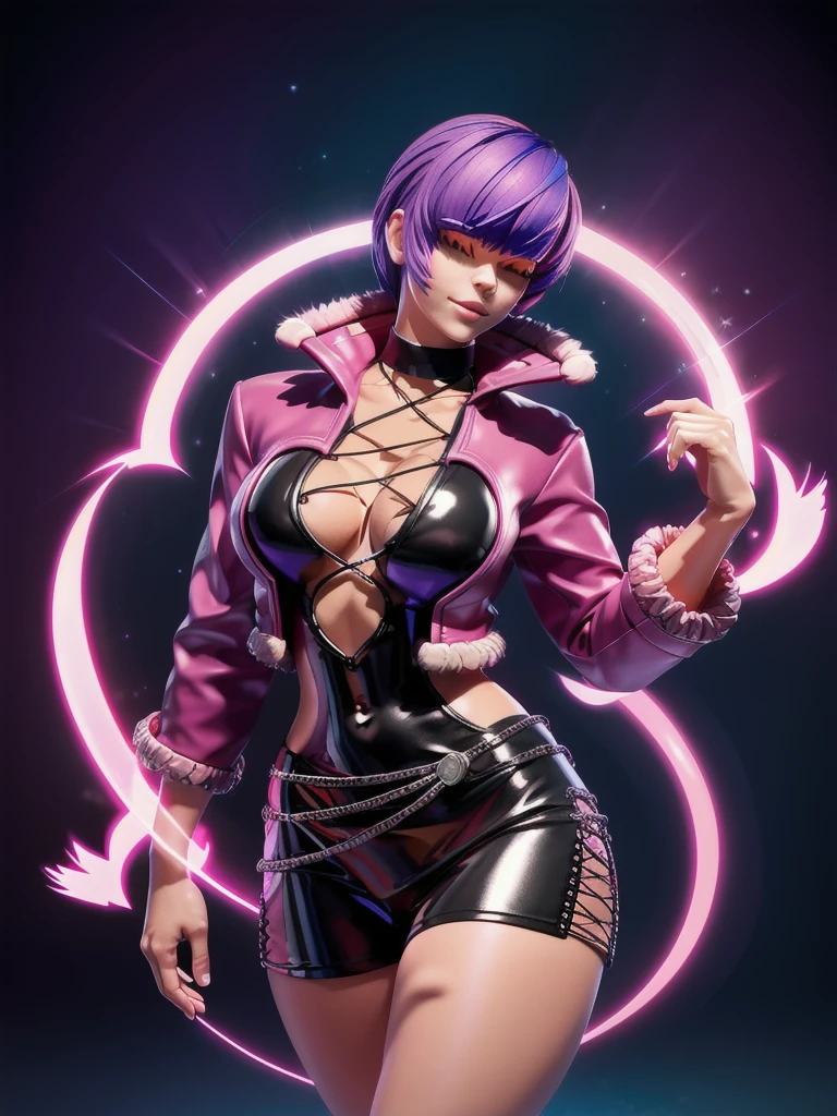 (night), in a video game scene with a neon background and a neon light, Standing at attention, pink suit, pink jacket, choker, neckline, clothing cut, earrings, purple hair, eyes completely covered by hair bangs ((hair over eyes)), 1 girl, 20 years old, Young woman, Beautiful finger, Beautiful long legs, Beautiful body, Beautiful nose, Beautiful character design, perfect face, looking at viewer (focusing on his face), mouth closed, Light_Smile, official art, extremely detailed CG unity 8k wallpaper, perfect lighting, colorful, bright front lighting, shiny skin, (masterpiece: 1.0), (best_quality: 1.0), ultra-high resolution, 4K, ultra-detailed, photography, 8K, HDR, high resolution, absurdities:1.2, Kodak portra 400, film grain, blurred background, bokeh:1.2, lens flare, (vibrant_color:1.2), professional photography, (Beautiful, breasts: 1.4), (beautiful_face: 1.5), (narrow_waist),
