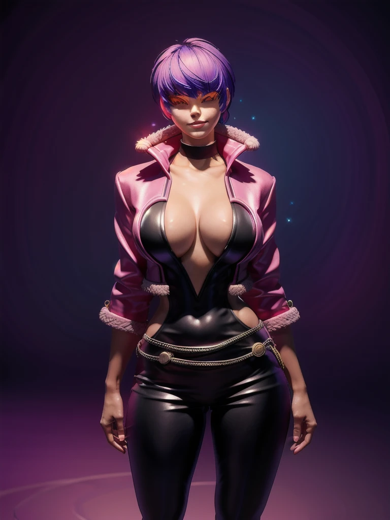 (night), in a video game scene with a neon background and a neon light, Standing at attention, pink suit, pink jacket, choker, neckline, clothing cut, earrings, purple hair, eyes completely covered by hair bangs ((hair over eyes)), 1 girl, 20 years old, Young woman, Beautiful finger, Beautiful long legs, Beautiful body, Beautiful nose, Beautiful character design, perfect face, looking at viewer (focusing on his face), mouth closed, Light_Smile, official art, extremely detailed CG unity 8k wallpaper, perfect lighting, colorful, bright front lighting, shiny skin, (masterpiece: 1.0), (best_quality: 1.0), ultra-high resolution, 4K, ultra-detailed, photography, 8K, HDR, high resolution, absurdities:1.2, Kodak portra 400, film grain, blurred background, bokeh:1.2, lens flare, (vibrant_color:1.2), professional photography, (Beautiful, breasts: 1.4), (beautiful_face: 1.5), (narrow_waist),
