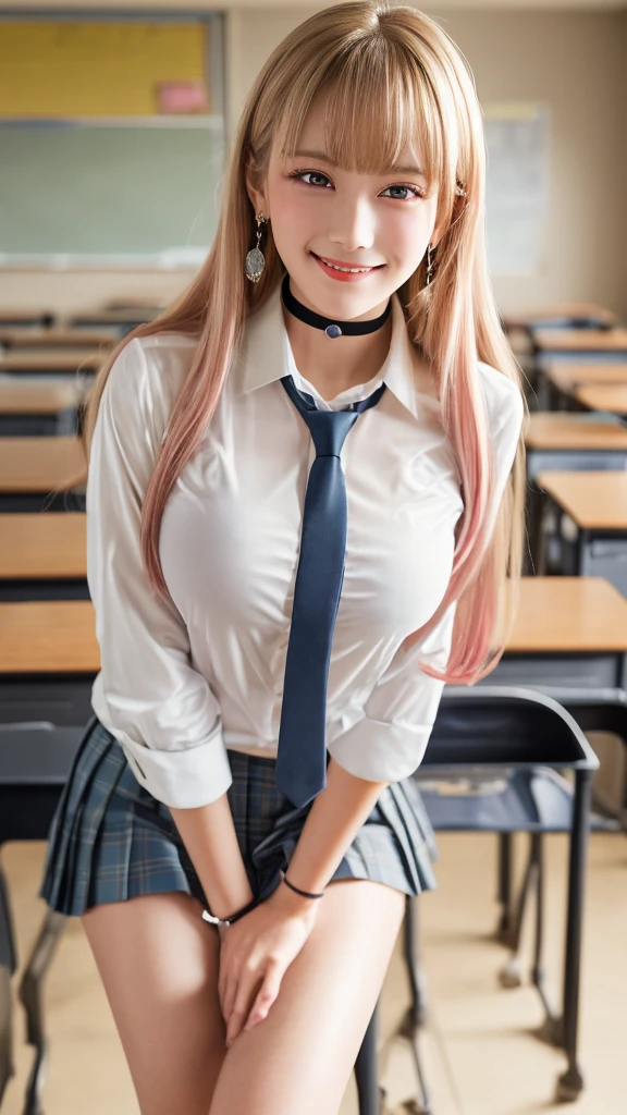 Mix 4, (8k, RAW Photos, Highest quality, masterpiece: 1.45), (Realistic, photoRealistic: 1.37), kitagawa marin,  (Blonde, Pink gradient hair), ((Long Hair, Sink bangs,Colorful Hair, Red eyes)),Pose like a model,((A bold pose with a bent forward stance))、(Sit with your legs wide apart:1.3)、Japanese women, ,high School student、Model body type, (Big Breasts:1.3), Narrow waist, Beautiful Face, Beautiful Eyes, , jewelry,Earrings, White shirt, Shirt with tie, Black choker,  Blue tie, Checked skirt,  Grin, smile, Are standing, Cowboy Shot, inside the School、classroom、hight School, 1 girl, alone, Detailed face and eyes, Upper body photo. Realistic, Realistic.Marin Gyaru,School_uniform