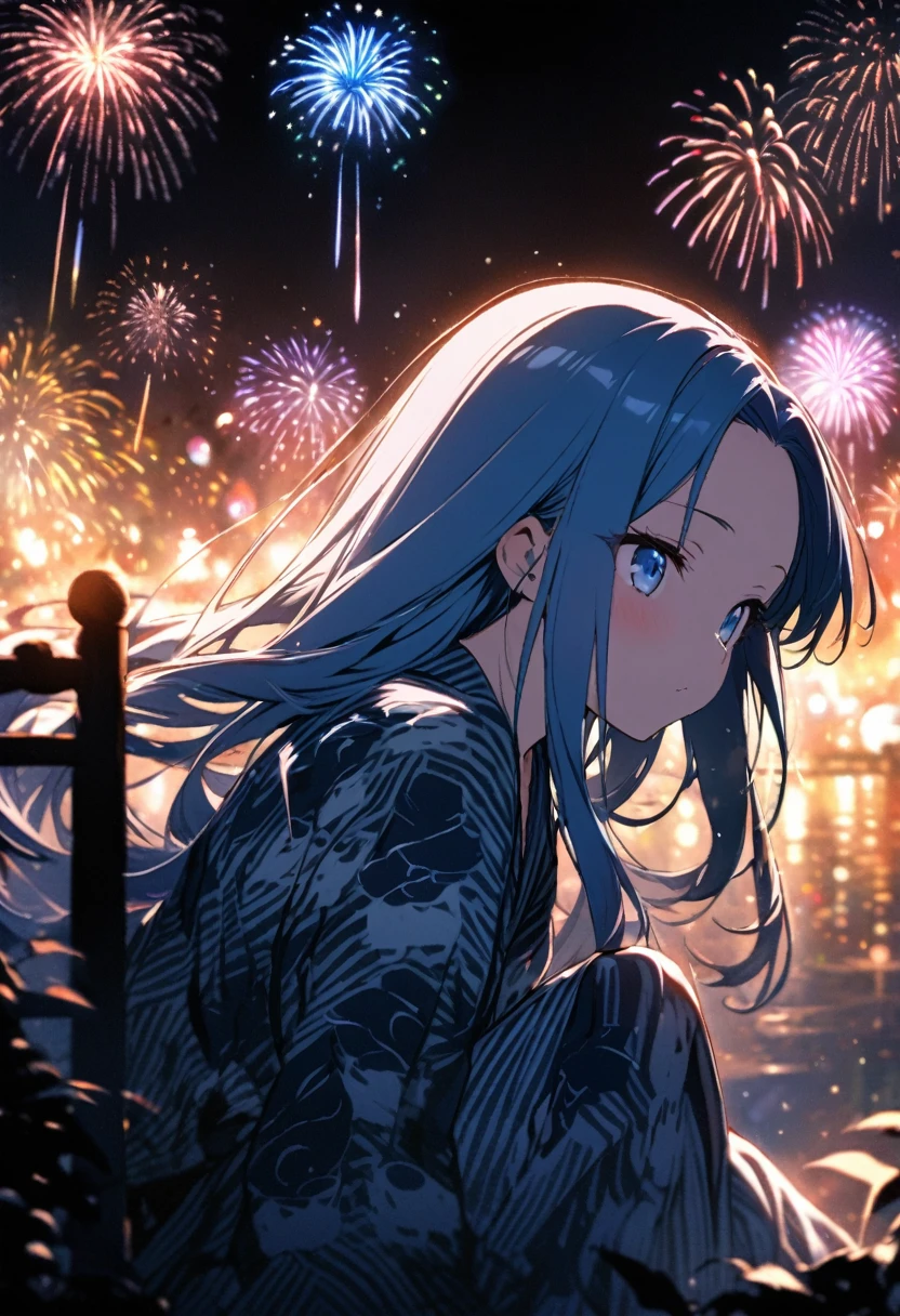 (immensely beautiful many fireworks), (double exposure:1.2 fireworks in her's pupil), (a forehead blue hair long hair cute girl, in a exposure yukata, small tits), BREAK, 16k, beautiful detailed silhouette.