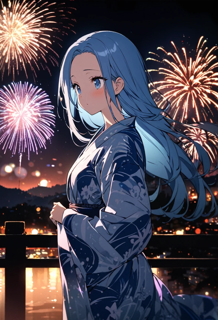 (immensely beautiful many fireworks), (double exposure:1.2 fireworks in her's pupil), (a forehead blue hair long hair cute girl, in a exposure yukata, small tits), BREAK, 16k, beautiful detailed silhouette.