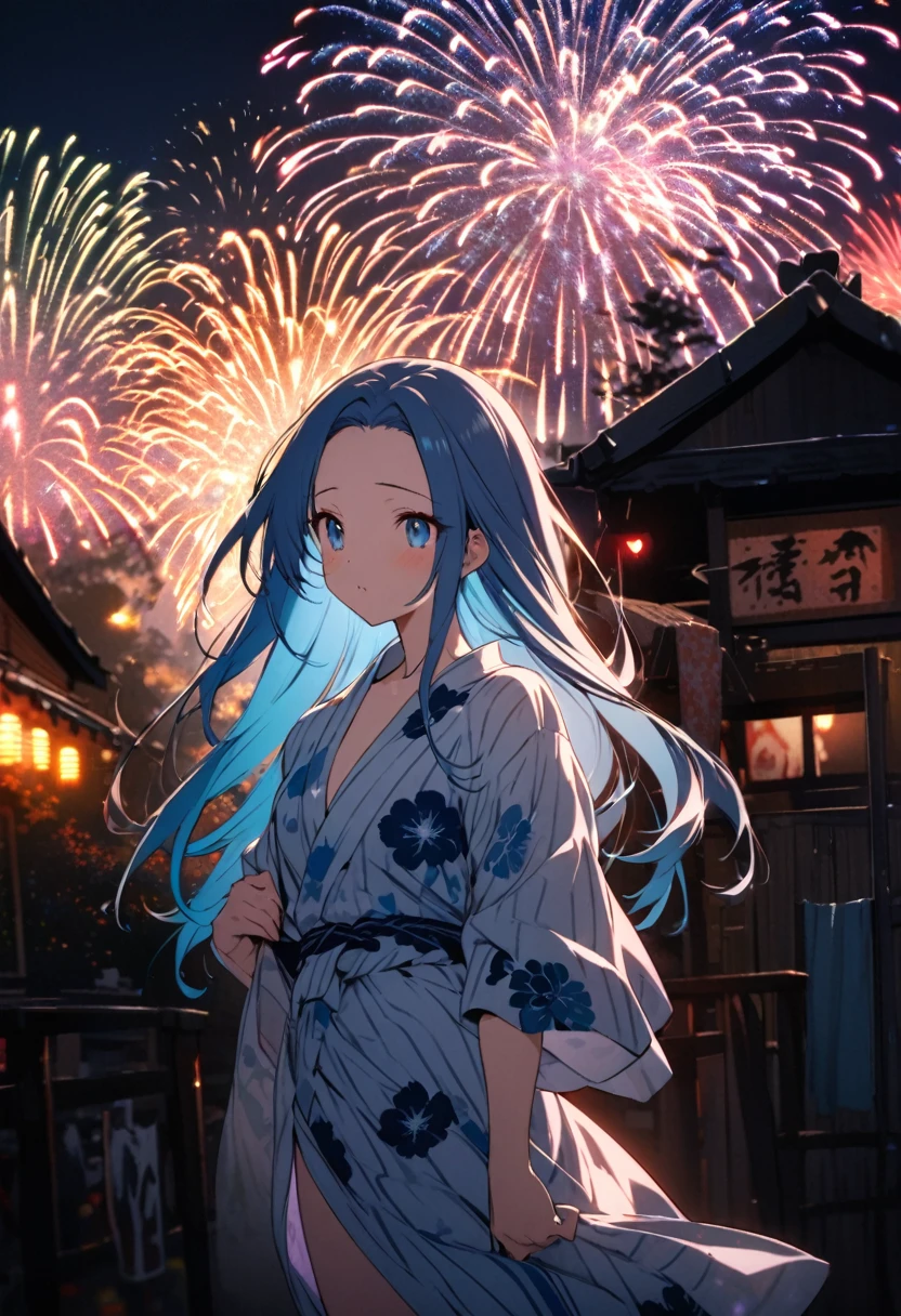 (immensely beautiful many fireworks), (double exposure:1.2 fireworks in her's pupil), (a forehead blue hair long hair cute girl, in a exposure yukata, small tits), BREAK, 16k, beautiful detailed silhouette.