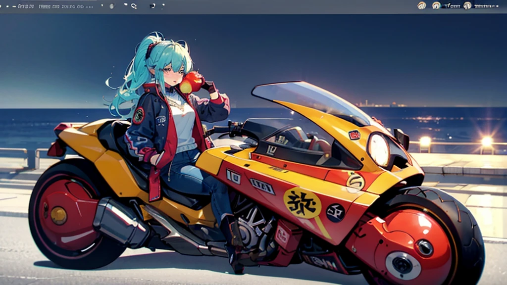 Wearing a souvenir jacket、woman、Eating an apple、Night Port、Embarrassed expression、Motorcycles of the future、masutepiece、The color of the bike is yellow、 light blue hair, ear blush, full blush, Draw a clear face, Sea-view harbor, Eat an apple, Embarrassed face, Blushing, anime, cinematic lighting, UHD, highres, best quality, 8k
