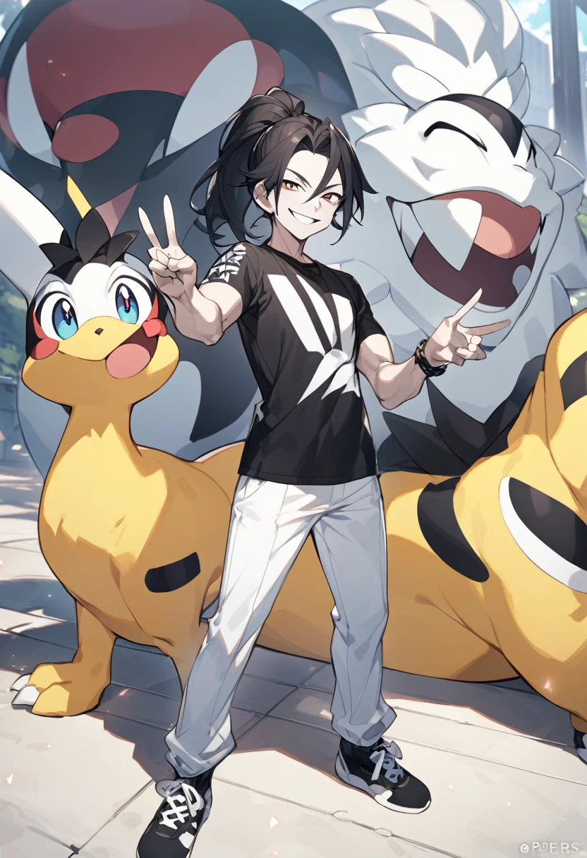 Piers、With a smile、Standing、Nez、Make a peace sign、Highest quality、One man、White skin、White and black hair、ponytail、Pokemon、Piers