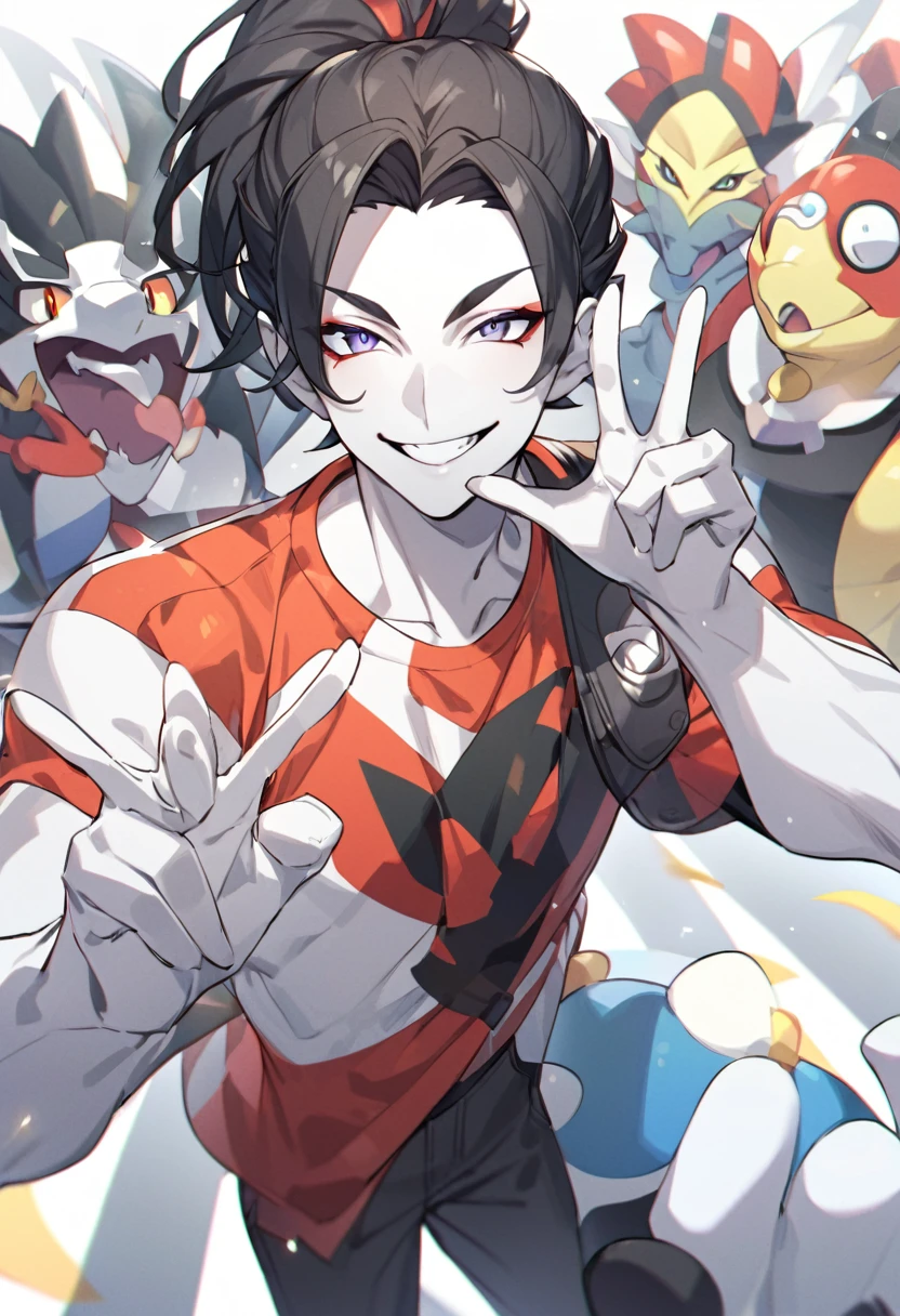 Piers、With a smile、Standing、Nez、Make a peace sign、Highest quality、One man、White skin、White and black hair、ponytail、Pokemon、Piers