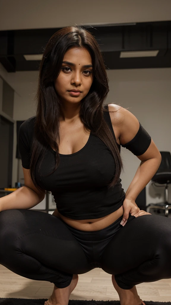 short indian brown woman with long hair, skinny, small perfect breasts, big hip, big ass, thick curvy, woman wearing black t shirt and leggings, squatting pose, side pose, sexy face, detailed.