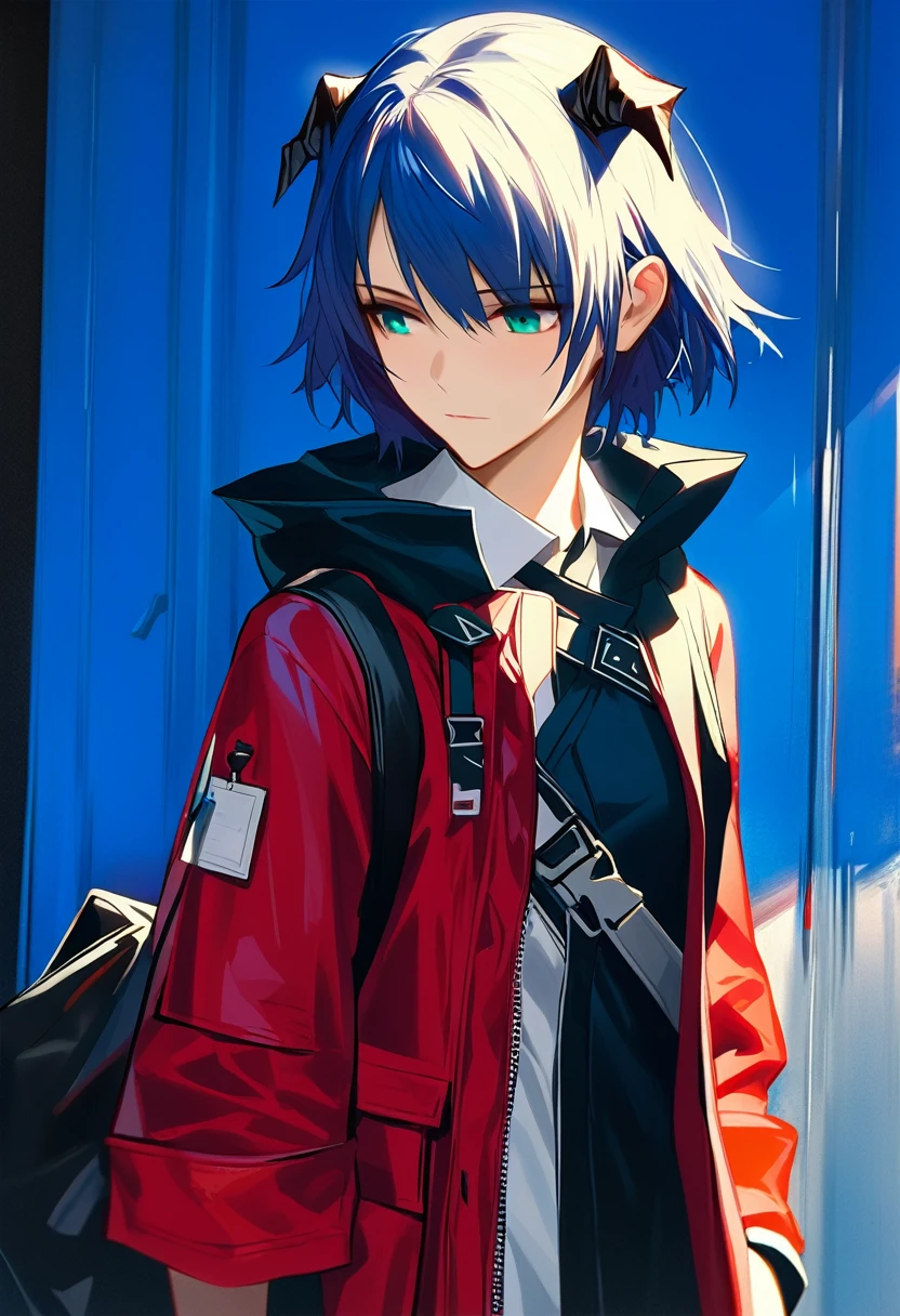 (woman), ((Mostima from arknights)), masterpiece, best quality, blue hair, ((short hair)), horns, plain white shirt, red fullbody coat, dark blue eyes, realistic anime style, faint smile, ((portrait)), black gloves, carring a bag.