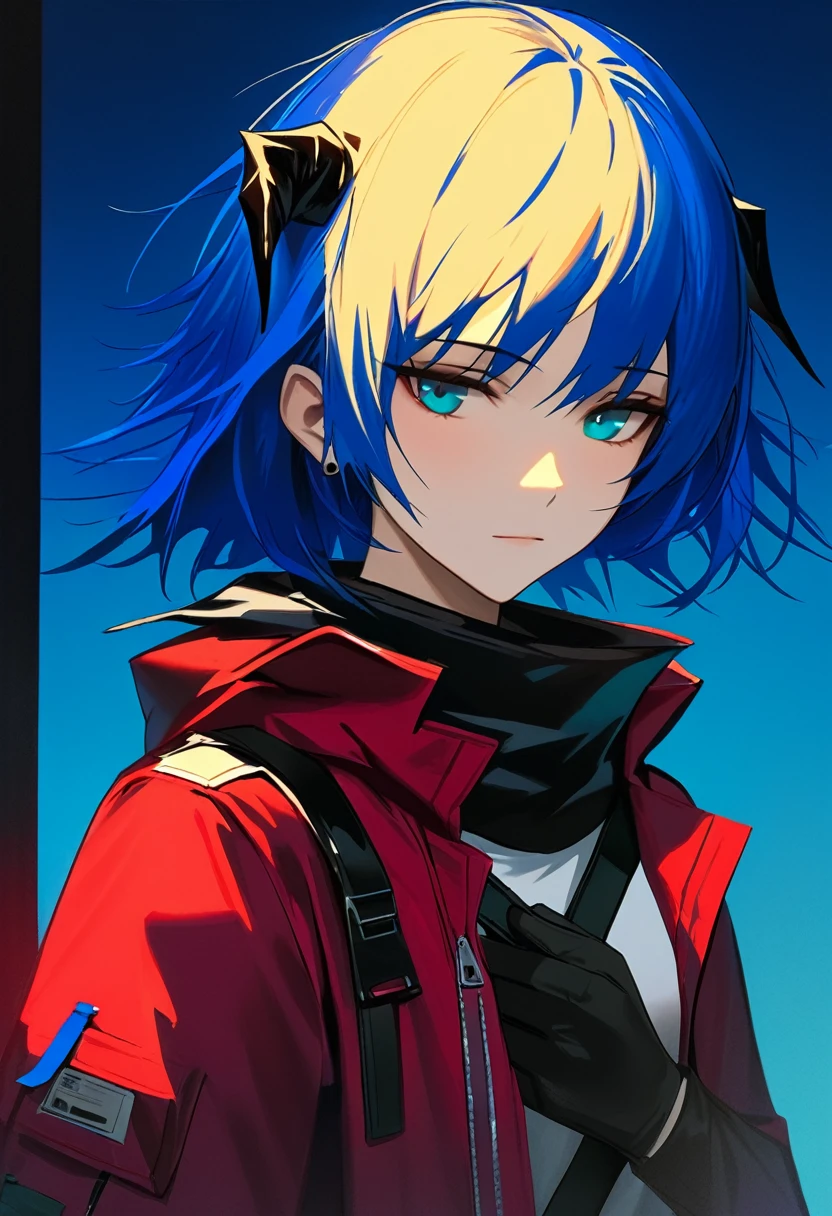 (woman), ((Mostima from arknights)), masterpiece, best quality, blue hair, ((short hair)), horns, plain white shirt, red fullbody coat, dark blue eyes, realistic anime style, faint smile, ((portrait)), black gloves, carring a bag.