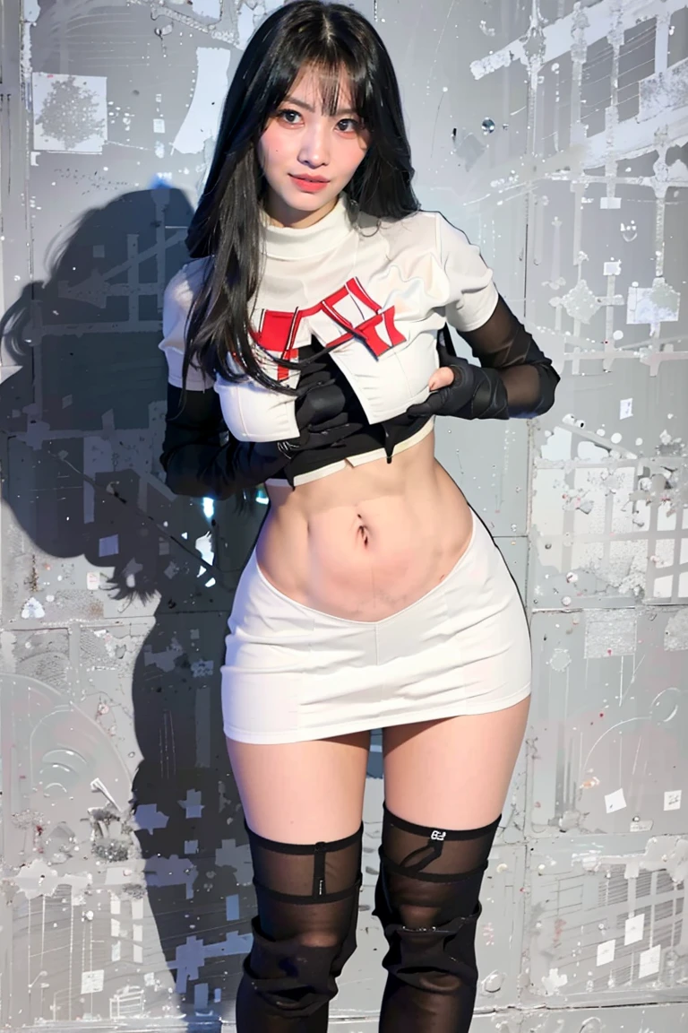"1girl,photo of momo, brown hair,best quality, team rocket,team rocket uniform, red letter R, white skirt,white crop top,black thigh-highs, black elbow gloves,(detailed face:1.4), (looking at viewer:1.4), shiny skin, smile, breast grab, city at night background ,(full body:1)