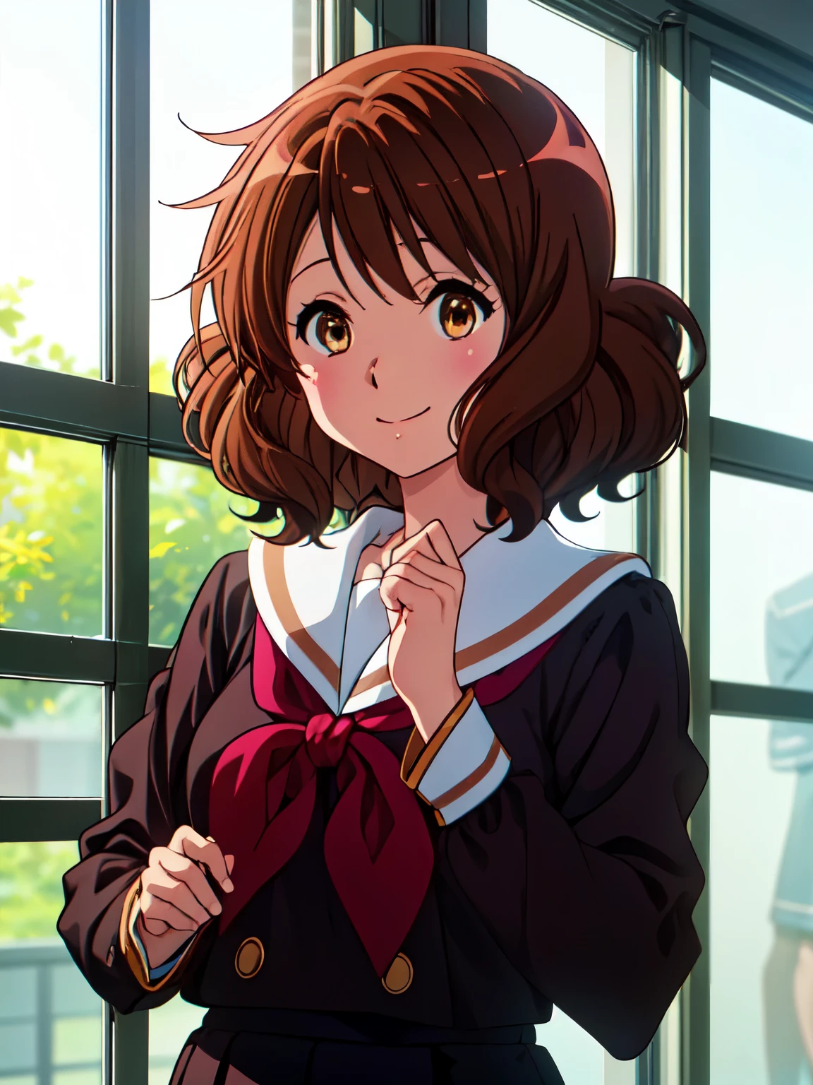 kumiko oumae, kumiko oumae, (Brown eyes:1.5), Brown Hair, short hair, Wavy Hair, Hot Face, blush, Sailor suit, , high school girl, Red ribbon, Downward, smile, very cute and beautiful girl,Teen,(Very detailedな美しい顔),
(Highest quality,masterpiece),Absurd,High resolution,Very detailedな,Very detailed,32K,8k resolution,  (Perfect hands, Perfect Anatomy),