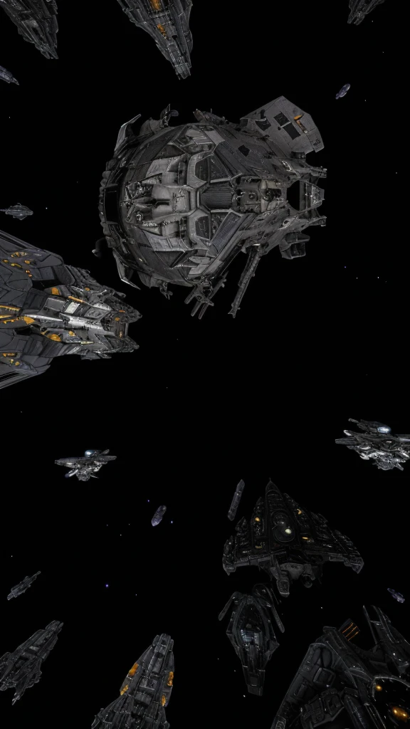 spaceships and ships in a space with a black background, wide shot of a spaceship battle, spaceship in space in ruins, asteroids realistic cinematic, ominous space battle background, landing in epic space battle, looking at spaceships at dock, cargo spaceships, sci - fi spaceship in combat, detailed crash space ship, orbiting space ships, spaceships flying in background
