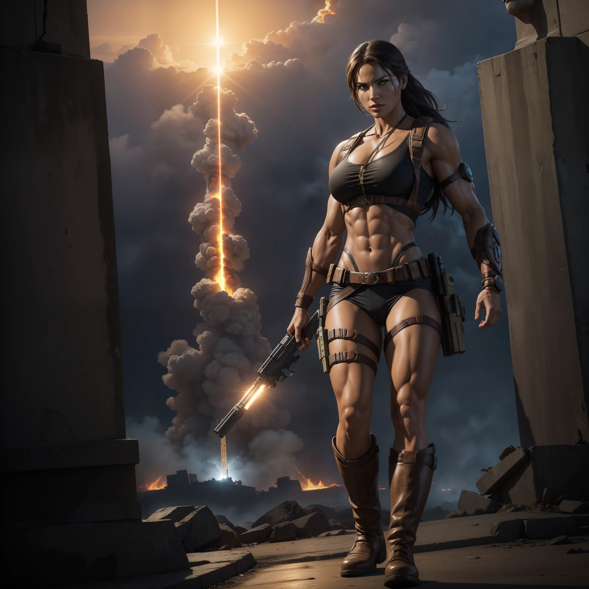 Image of muscular DC COMICS Lara Croft, human body, human anatomy, holding a gun with his right hand, left hand closed, costume identical to that of DC COMICS, with cyborg details, showing full body, perfect face, perfect boots, laser beams coming out from your eyes, highly detailed, super definition, 8k, showing the statue of Christ the Redeemer in the city of Rio de Janeiro January in flames. Cinematic image.