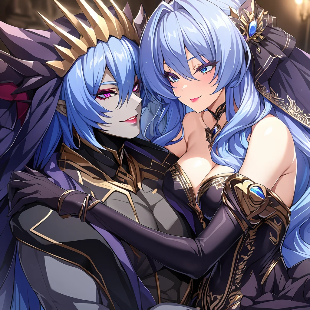 ((Highest quality)), ((masterpiece)), (detailed), （Perfect Face）、The woman is hugging and kissing the great evil demon king man、The woman is the evil queen, Extia, with medium-long blue hair, a gorgeous black wedding dress with gold embroidery and trim, a black wedding veil, an engagement ring, gorgeous accessories, lipstick and makeup, and a dignified, beautiful evil queen.、The woman looks happy、The man is a great and powerful demon king, favored by the majestic demons.