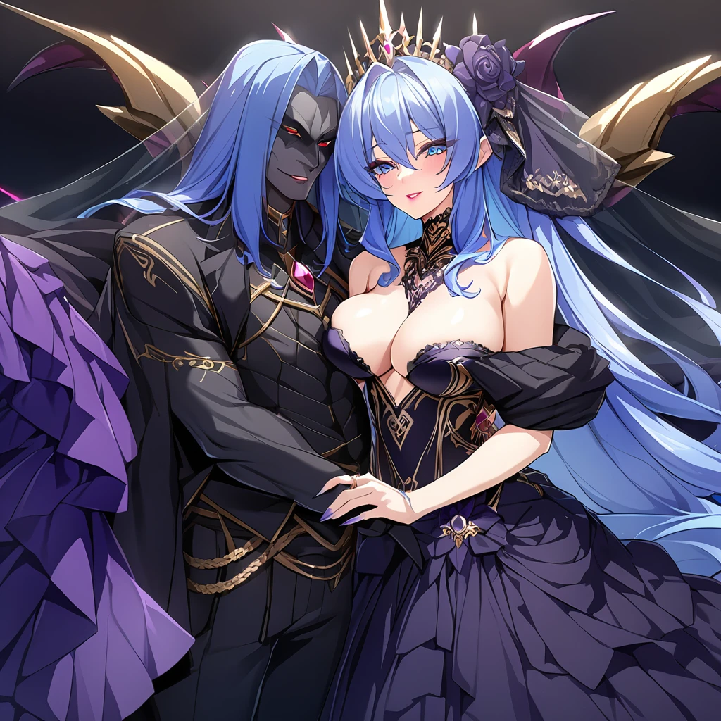 ((Highest quality)), ((masterpiece)), (detailed), (Perfect Face)、The woman is hugging and kissing the great evil demon king man、The woman is the evil queen, Extia, with medium-long blue hair, a gorgeous black wedding dress with gold embroidery and trim, a black wedding veil, an engagement ring, gorgeous accessories, lipstick and makeup, and a dignified, beautiful evil queen.、The woman looks happy、The man is a great and powerful demon king, favored by the majestic demons.