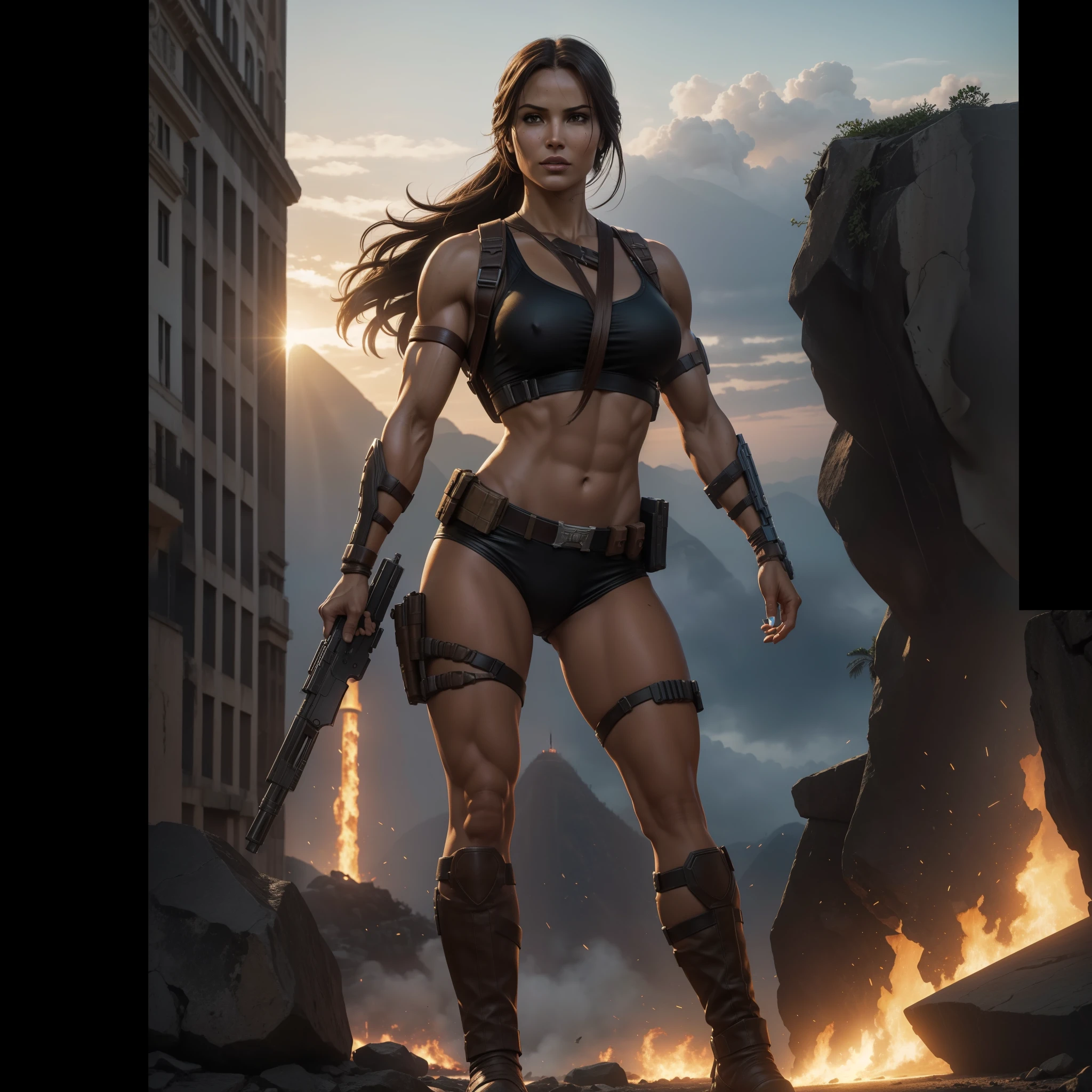 Image of muscular DC COMICS Lara Croft, human body, human anatomy, holding a gun with his right hand, left hand closed, costume identical to that of DC COMICS, with cyborg details, showing full body, perfect face, perfect boots, laser beams coming out from your eyes, highly detailed, super definition, 8k, showing the statue of Christ the Redeemer in the city of Rio de Janeiro January in flames. Cinematic image.