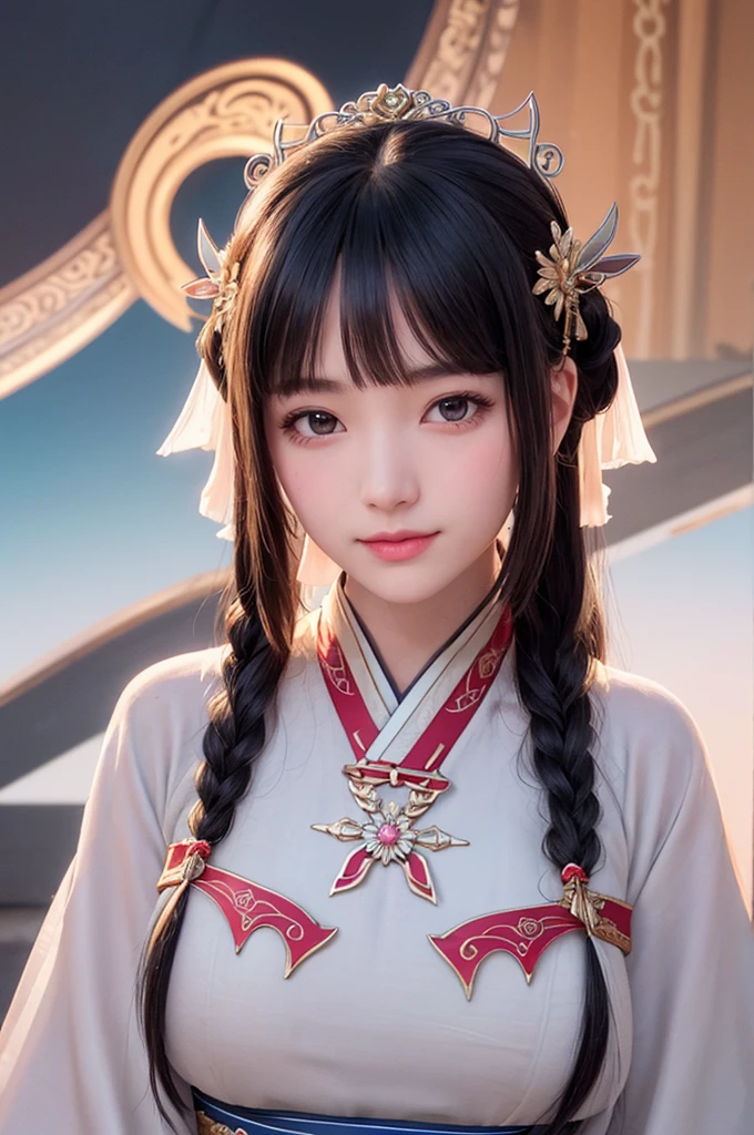 close up on face, Ultra-fine face,femele, China-style, Ancient wind,Hanfu, Sit Pose, long whitr hair, Delicate clothing patterns, ellegance, opulent, ellegance, ssmile,Skysky, Ribbons,Sense of brokenness, ruri, Buble, Double up braid, Hairline, slanted bangs, shairband, hair adornments,glitters, cinmatic lighting, hyper HD, A high resolution, best qualtiy, 8K, high detal, high qulity, super detailing, anatomy correct, tmasterpiece, ccurate,plump,landscape painting,screen