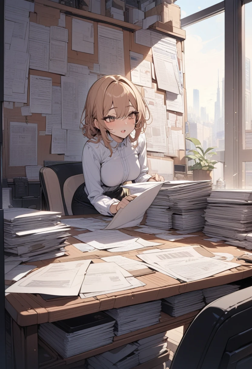 masterpiece, best quality, extremely detailed, ultra detailed, flat anime, 2D, Papers in English on display,