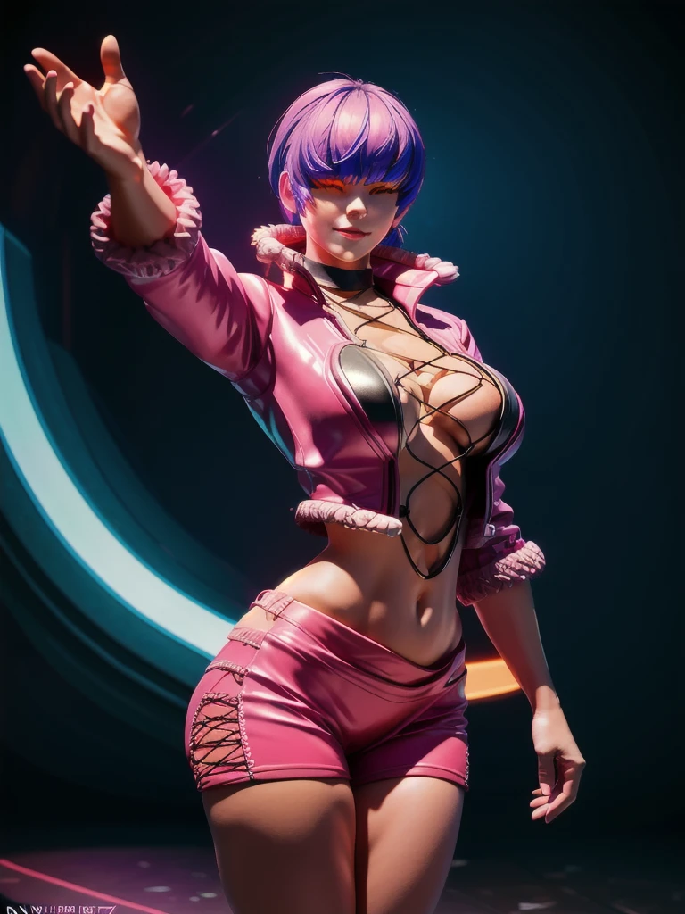 (night),in a video game scene with a neon background and a neon light, Standing at attention, pink outfit,pink jacket,choker, cleavage cutout, clothing cutout, earrings, purple hair,bangs,((hair over eyes)), 1 girl, 20yo,Young female,Beautiful Finger,Beautiful long legs,Beautiful body,Beautiful Nose,Beautiful character design, perfect face, looking at viewer,(Focus on her face),closed mouth,Light_Smile, official art,extremely detailed CG unity 8k wallpaper, perfect lighting,Colorful, Bright_Front_face_Lighting,shiny skin, (masterpiece:1.0),(best_quality:1.0), ultra high res,4K,ultra-detailed, photography, 8K, HDR, highres, absurdres:1.2, Kodak portra 400, film grain, blurry background, bokeh:1.2, lens flare, (vibrant_color:1.2),professional photograph, (Beautiful,large_Breasts:1.4), (beautiful_face:1.5),(narrow_waist),
