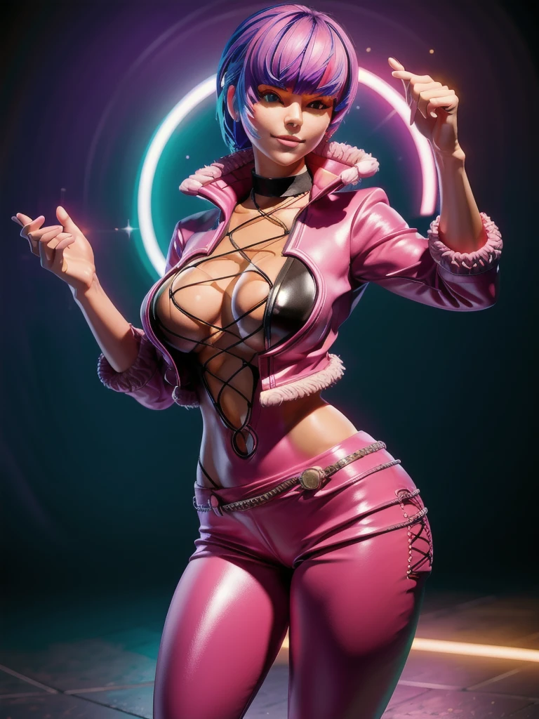 (night),in a video game scene with a neon background and a neon light, Standing at attention, pink outfit,pink jacket,choker, cleavage cutout, clothing cutout, earrings, purple hair,bangs,((hair over eyes)), 1 girl, 20yo,Young female,Beautiful Finger,Beautiful long legs,Beautiful body,Beautiful Nose,Beautiful character design, perfect face, looking at viewer,(Focus on her face),closed mouth,Light_Smile, official art,extremely detailed CG unity 8k wallpaper, perfect lighting,Colorful, Bright_Front_face_Lighting,shiny skin, (masterpiece:1.0),(best_quality:1.0), ultra high res,4K,ultra-detailed, photography, 8K, HDR, highres, absurdres:1.2, Kodak portra 400, film grain, blurry background, bokeh:1.2, lens flare, (vibrant_color:1.2),professional photograph, (Beautiful,large_Breasts:1.4), (beautiful_face:1.5),(narrow_waist),
