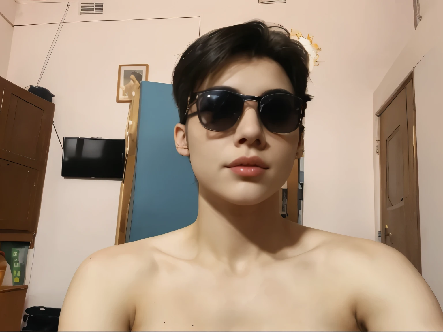 arafed man with glasses and no shirt sitting on a bed, full extremely slim body, thin young male, profile pic, 18 years old, 1 7 - year - old boy thin face, profile photo, complete body view, full body in camera, full body picture, very accurate photo, 1 6 years old, half body photo, flat chested