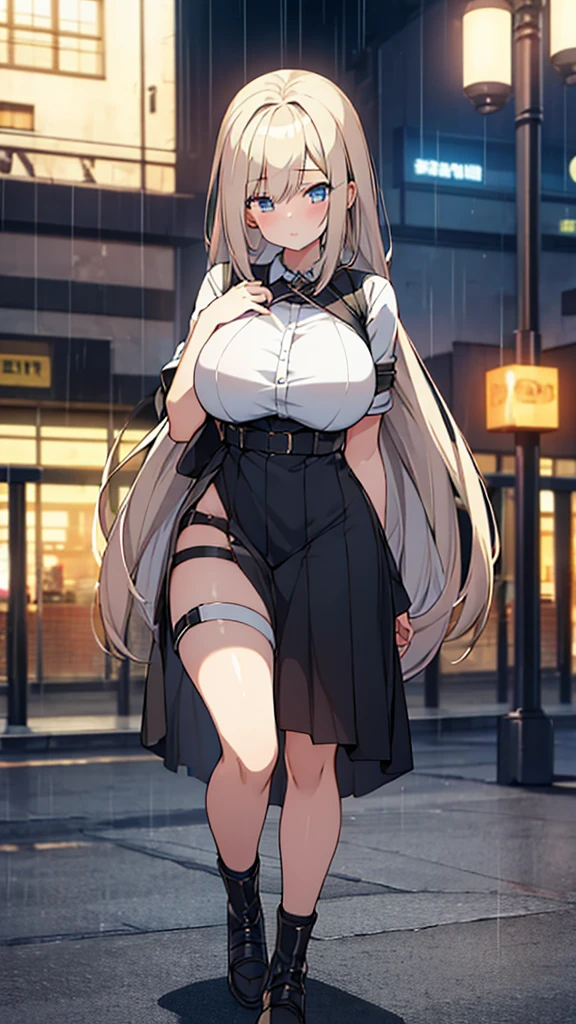 Full body image, フロント, One girl, 18-year-old, Mix 4, (32k, RAW Photos, Highest quality, masterpiece:1.2), (Anime-like, photoAnime-like:1.37), cute, ミニスカートのドレス, night, rain, Humidity, Professional Lighting, Photon Mapping, Radio City, Physically Based Rendering, Super Resolution, (Big Breasts:1.2), {{The biological weapon that had preyed on the younger sister took her place and reunited with the older brother.}}, Girl Skull, whole body, NSFW