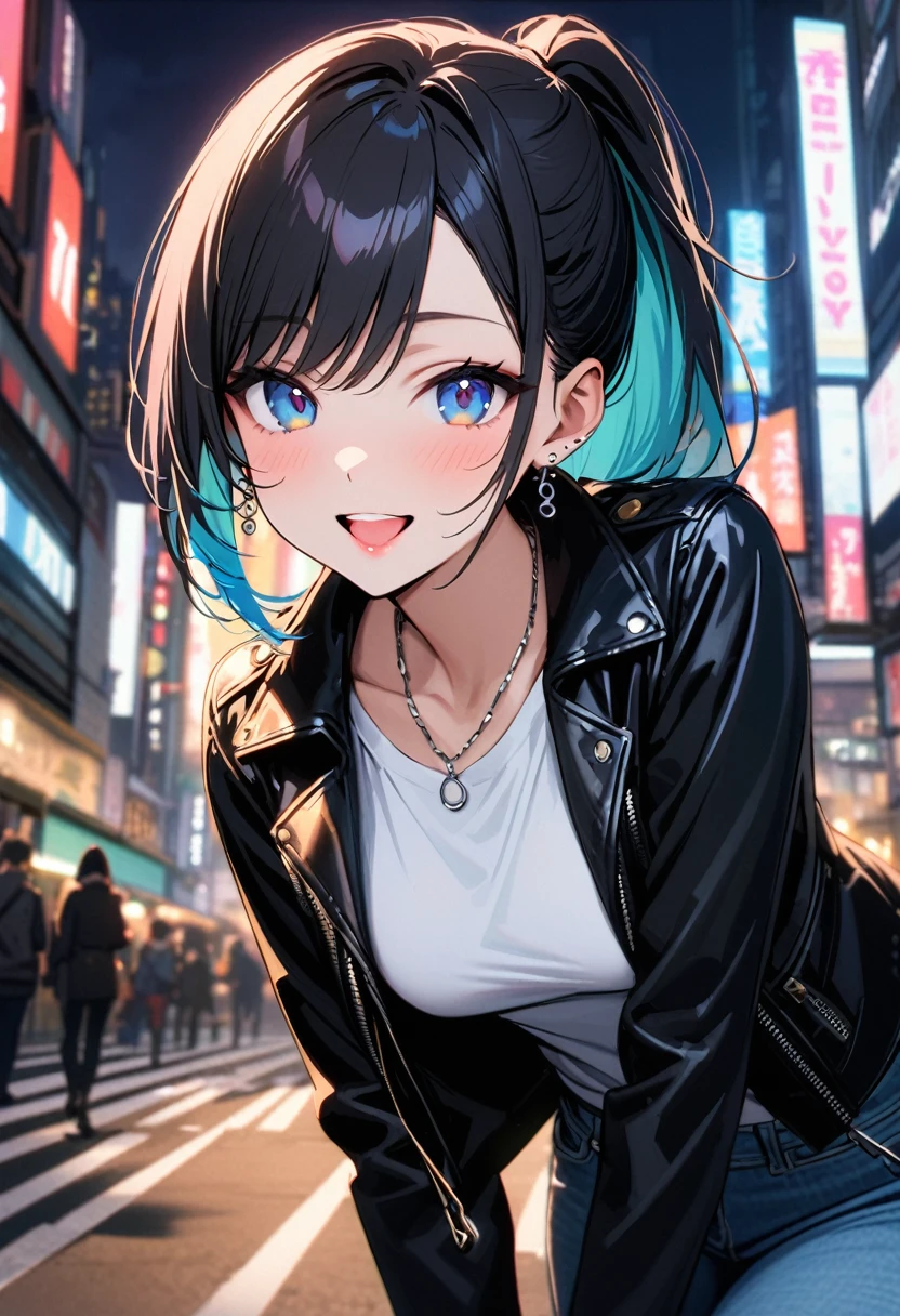 (masterpiece, best quality:1.3), (A young woman, 19-years-old, solo, Caucasian, black hair, cyan hair, gradient hair, ponytail, two-tone hair, swept bangs, pink lipstick, cheerful smile, mouth open, blue eyes, perfecteyes:1.1), (black leather jacket, white t-shirt, thin silver necklace, small silver earrings, light blue denim pants, Tokyo city, upper body, night:1.2)