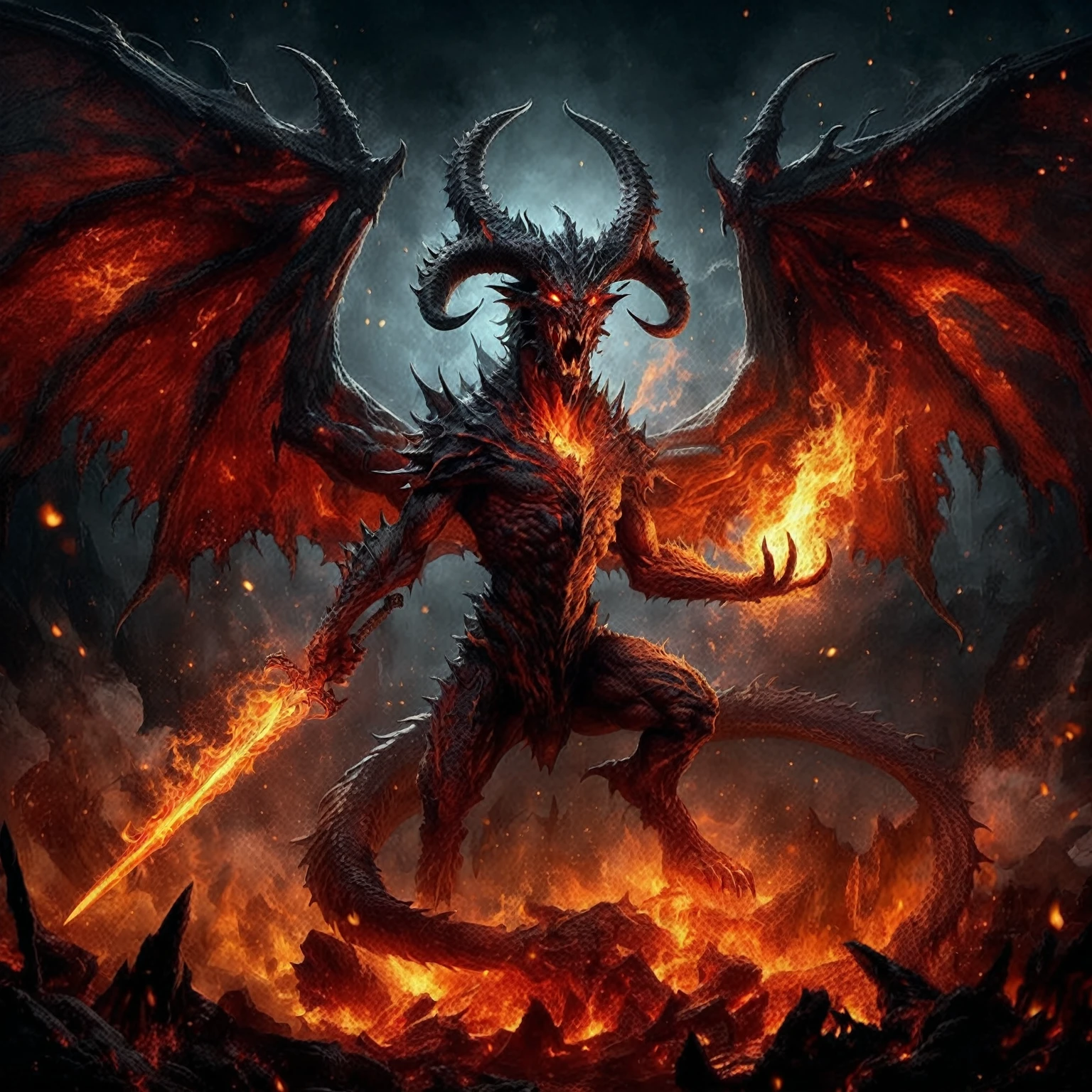 a demonic demon with a sword in his hand and fire in the background, the devil in hell as a dragon, diablo 4, ruler of inferno, balrog, diablo concept art, diablo digital concept art, muscled humanoid balrog demon, diablo 4 lilith, fire demon, draconic, drachenlord, the final battle in hell, satan in hell