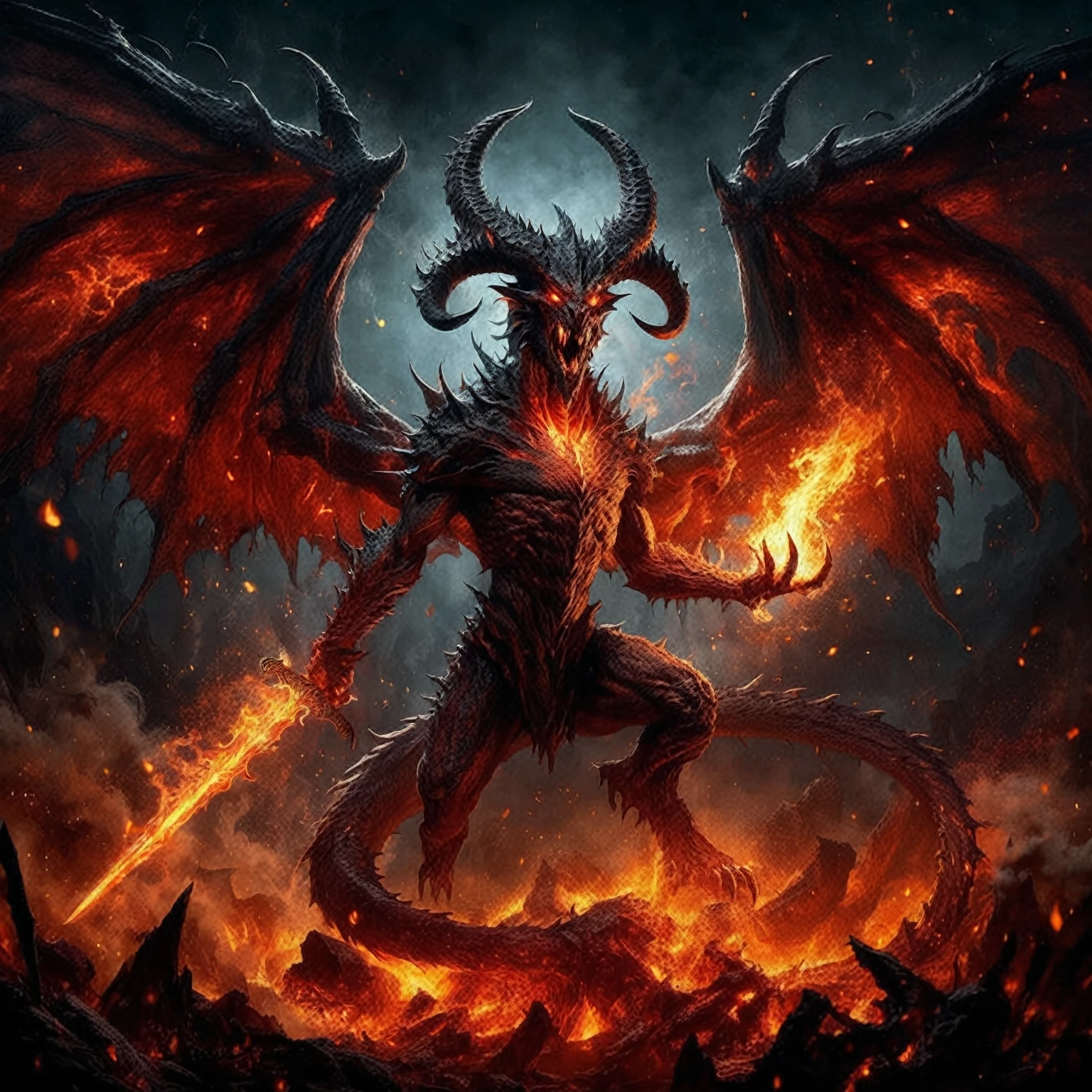 a demonic demon with a sword in his hand and fire in the background, the devil in hell as a dragon, diablo 4, ruler of inferno, balrog, diablo concept art, diablo digital concept art, muscled humanoid balrog demon, diablo 4 lilith, fire demon, draconic, drachenlord, the final battle in hell, satan in hell