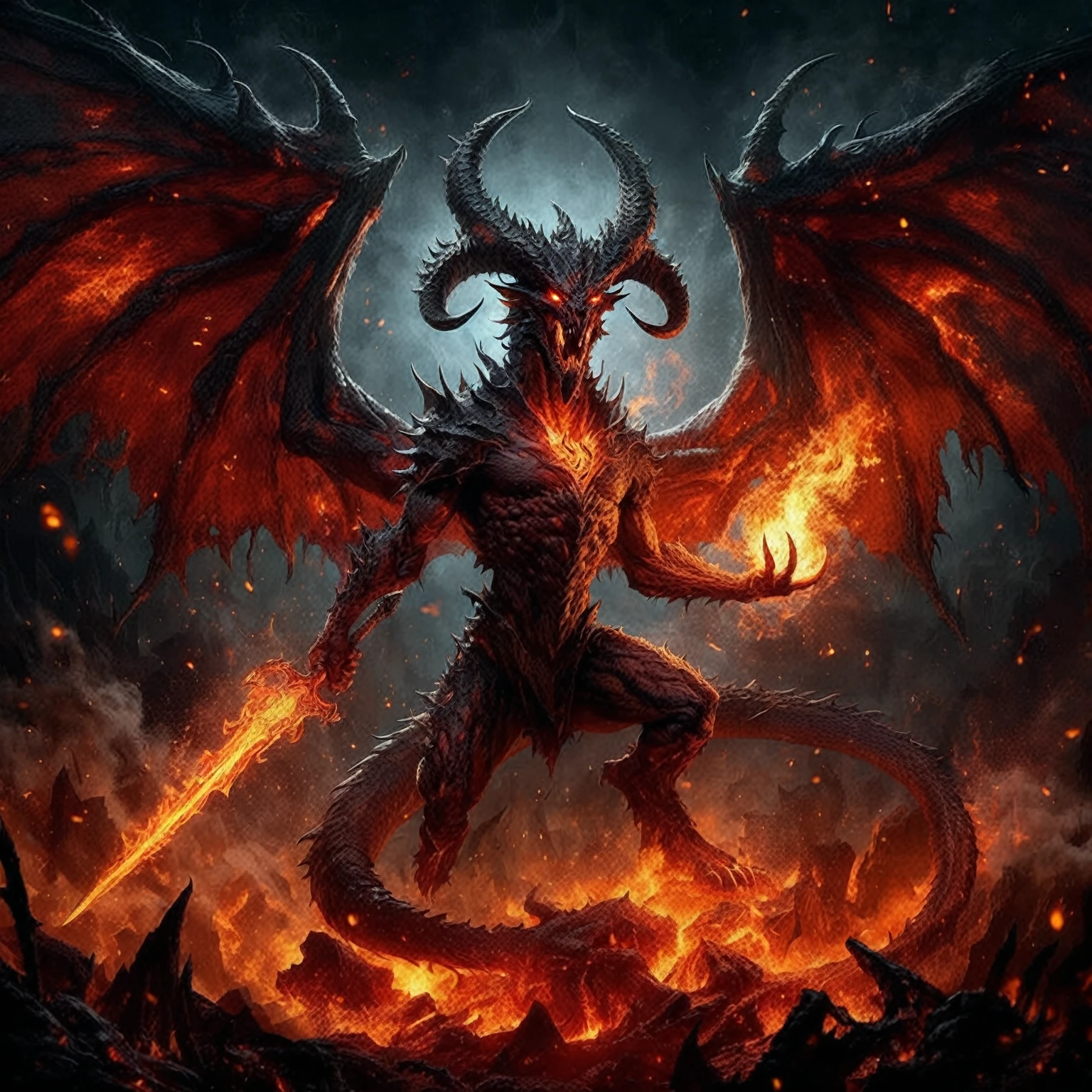 a demonic demon with a sword in his hand and fire in the background, the devil in hell as a dragon, diablo 4, ruler of inferno, balrog, diablo concept art, diablo digital concept art, muscled humanoid balrog demon, diablo 4 lilith, fire demon, draconic, drachenlord, the final battle in hell, satan in hell