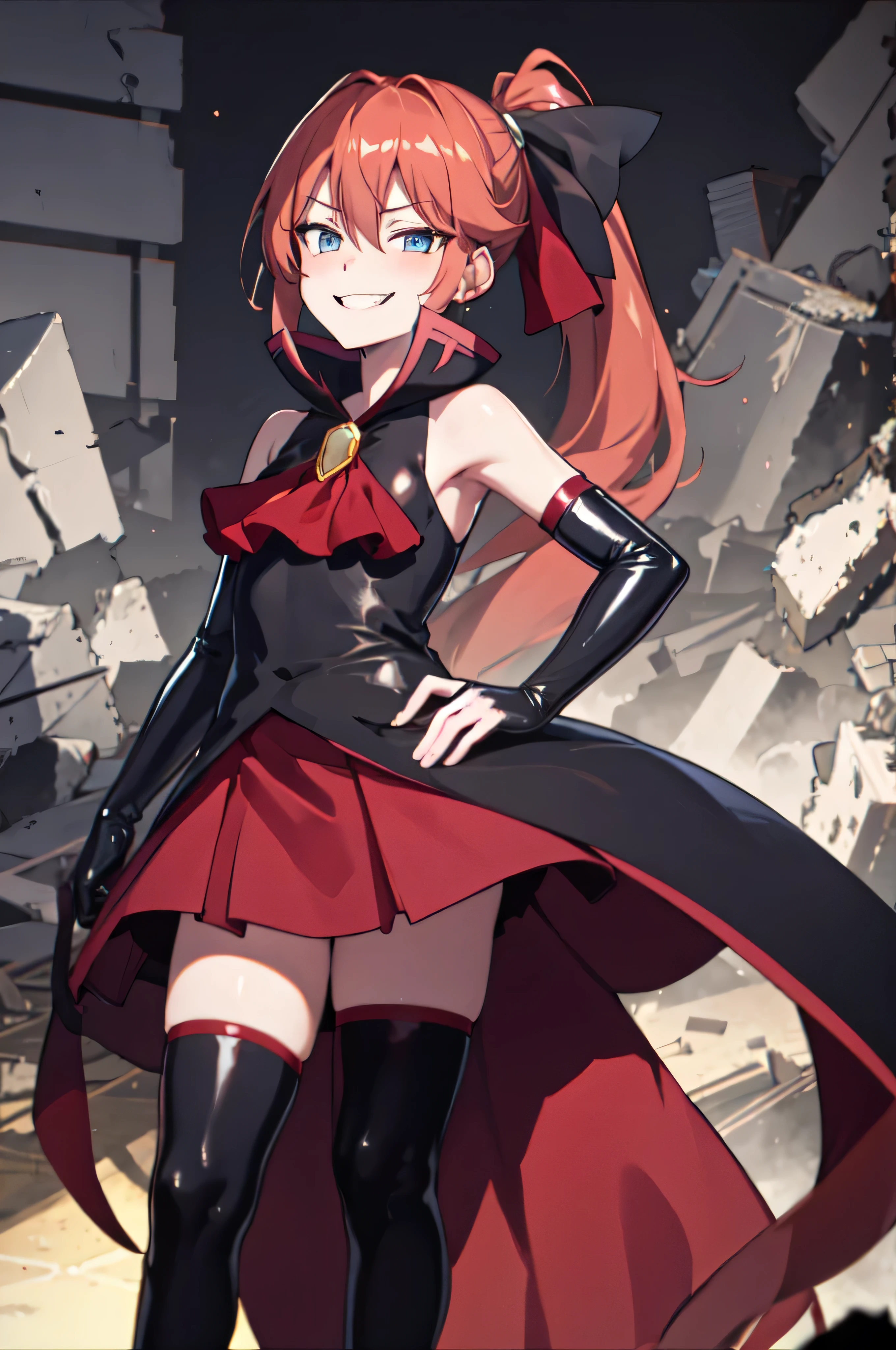 Highest quality, masterpiece, One Girl,Not beautiful, Red Ponytail, Long dress, brooch, Hair Ribbon, - Elbow hand pockets, Black knee socks, Standing on the rubble, (Wicked Smile:1.1), ,,Dark shadowed face,Sadistic smile,Malice,Contempt,smile,latex,Bad face,,Red Skirt,two hands,two legs,five fingers,evil background,elbow gloves,latex,