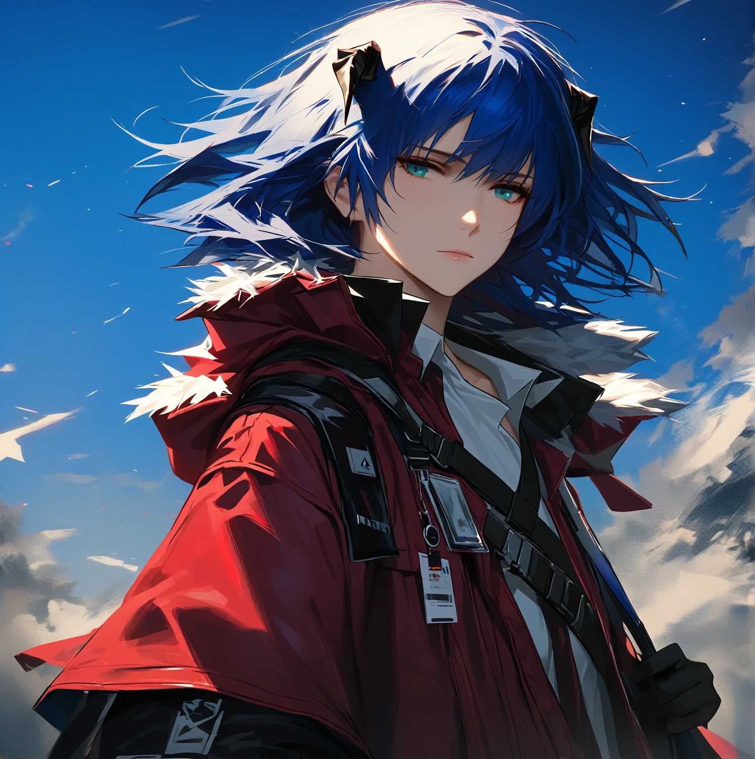 (woman), ((Mostima from arknights)), masterpiece, best quality, blue hair, ((short hair)), horns, plain white shirt, red fullbody coat, dark blue eyes, realistic anime style, faint smile, ((portrait)), black gloves, carring a bag.