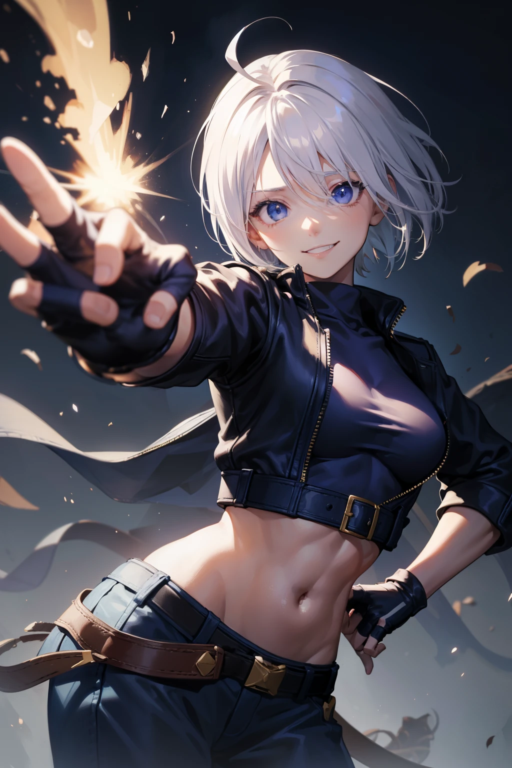 (masterpiece), best quality, expressive eyes, perfect face, highres, 1girl, solo, angelms, white hair, jacket, ahoge, fingerless gloves, midriff, hands to hips, leaning forward, smiling, fanstasy background, particles, magic, standing,cowboy shot, looking at the viewer, from front