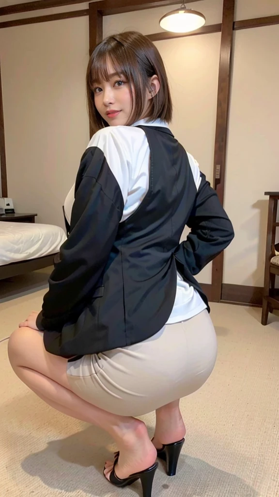 masterpiece, Highest quality, RAW Photos, Very detailed, The finer details, High resolution, 8k wallpaper, Perfect dynamic composition, Well-detailed eyes, Short black hair, Shiny Hair, Natural lips, Thin and large, Sailor suit, Small breasts, Nice ass, Clean thighs,Shower room