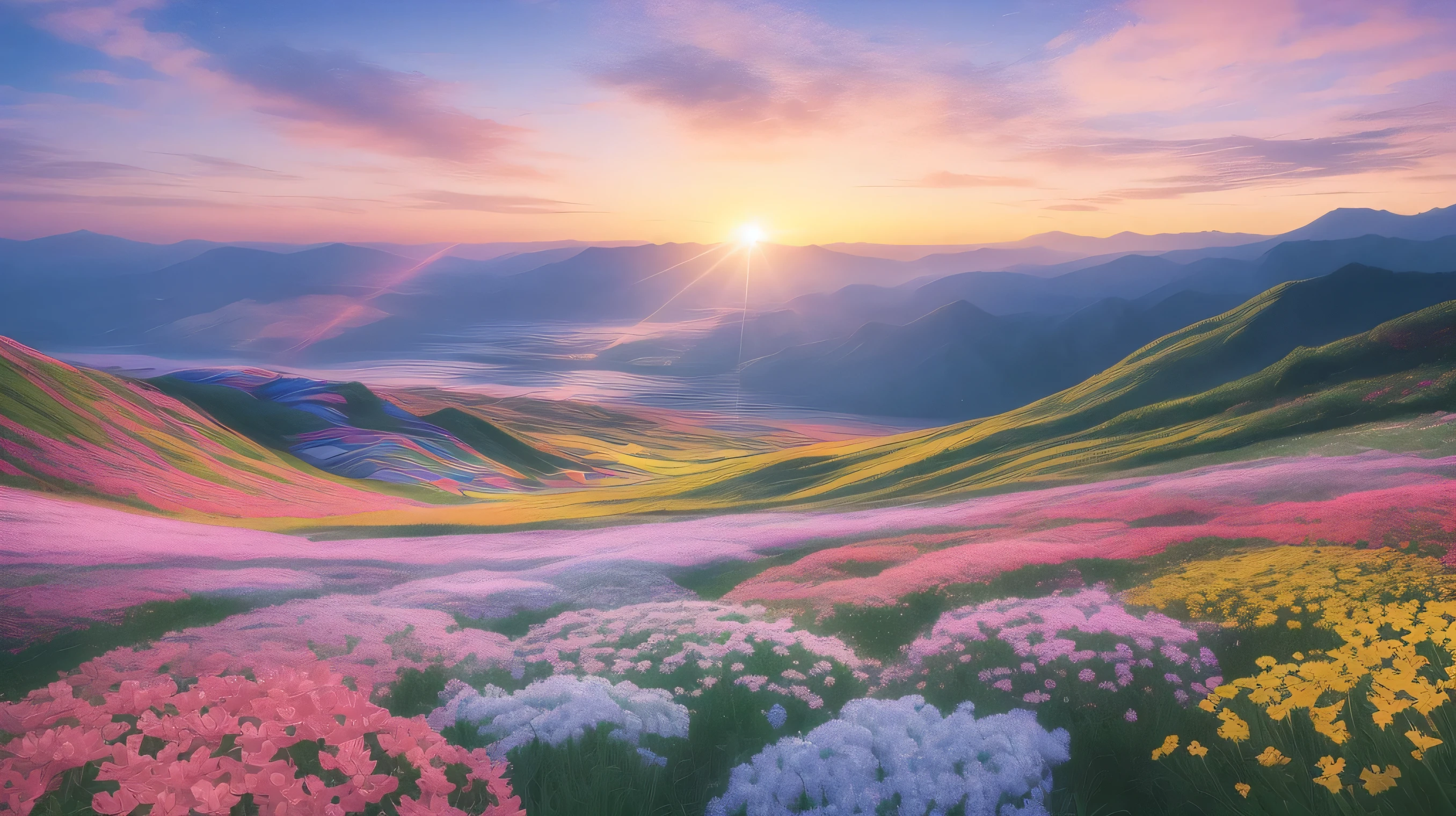 There is a beautiful sunrise, The hills are covered with flowers and plants., The flowers are approaching, Colorful sky, Surreal colors, Colorful sunrise, Colorful sky, Beautiful sky reflection, Beautiful sky, Fantastic atmosphere 8K, Multicolored clouds, Colored reflections on the lake, Unreal sky, Red and blue reflections, Fire Reflection, Beautiful sky, Beautiful and spectacular, Beautiful dream landscape, Beautiful sky