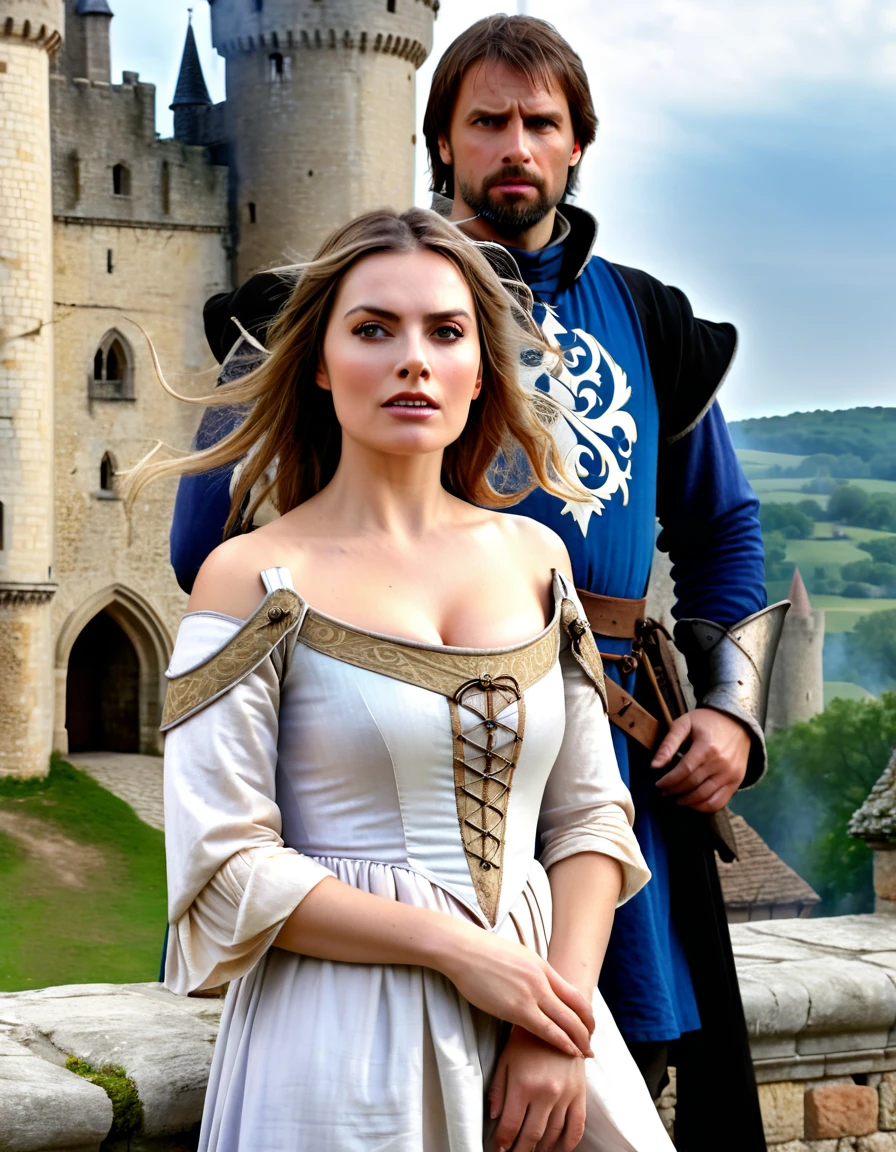 photorealistic man, age 30, european, short brown hair, in front of a pleading photorealistic lady, age 40, busty, long  dirty blonde medieval hair, dressed in a torn shoulderfree medieval lady of the castle, burning medieval castle landscape,  raw photo, cinematic material, wideview, high detailed, high quality 