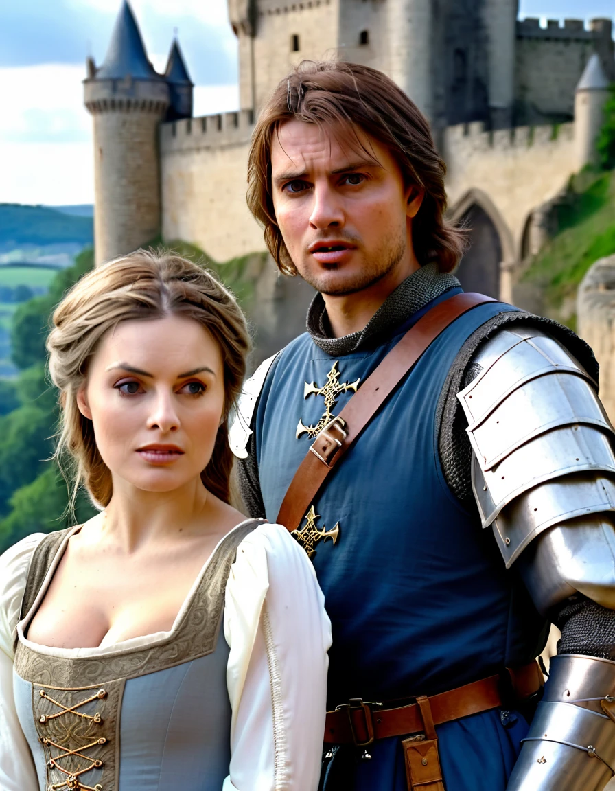 photorealistic man, age 30, european, short brown hair, in front of a pleading photorealistic lady, age 40, busty, long  dirty blonde medieval hair, dressed in a torn shoulderfree medieval lady of the castle, burning medieval castle landscape,  raw photo, cinematic material, wideview, high detailed, high quality 