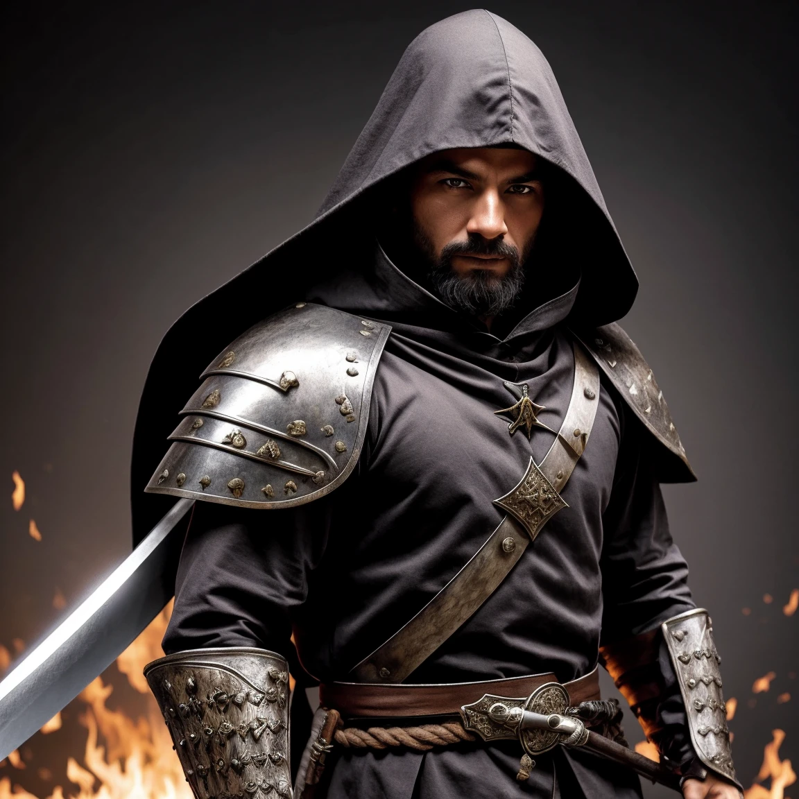 Hooded medieval warrior with bowed head, barba, sword