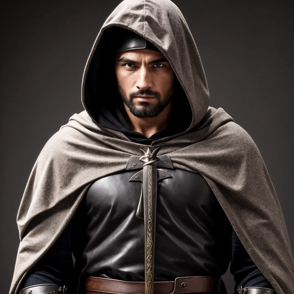 Hooded medieval warrior with bowed head, barba, sword
