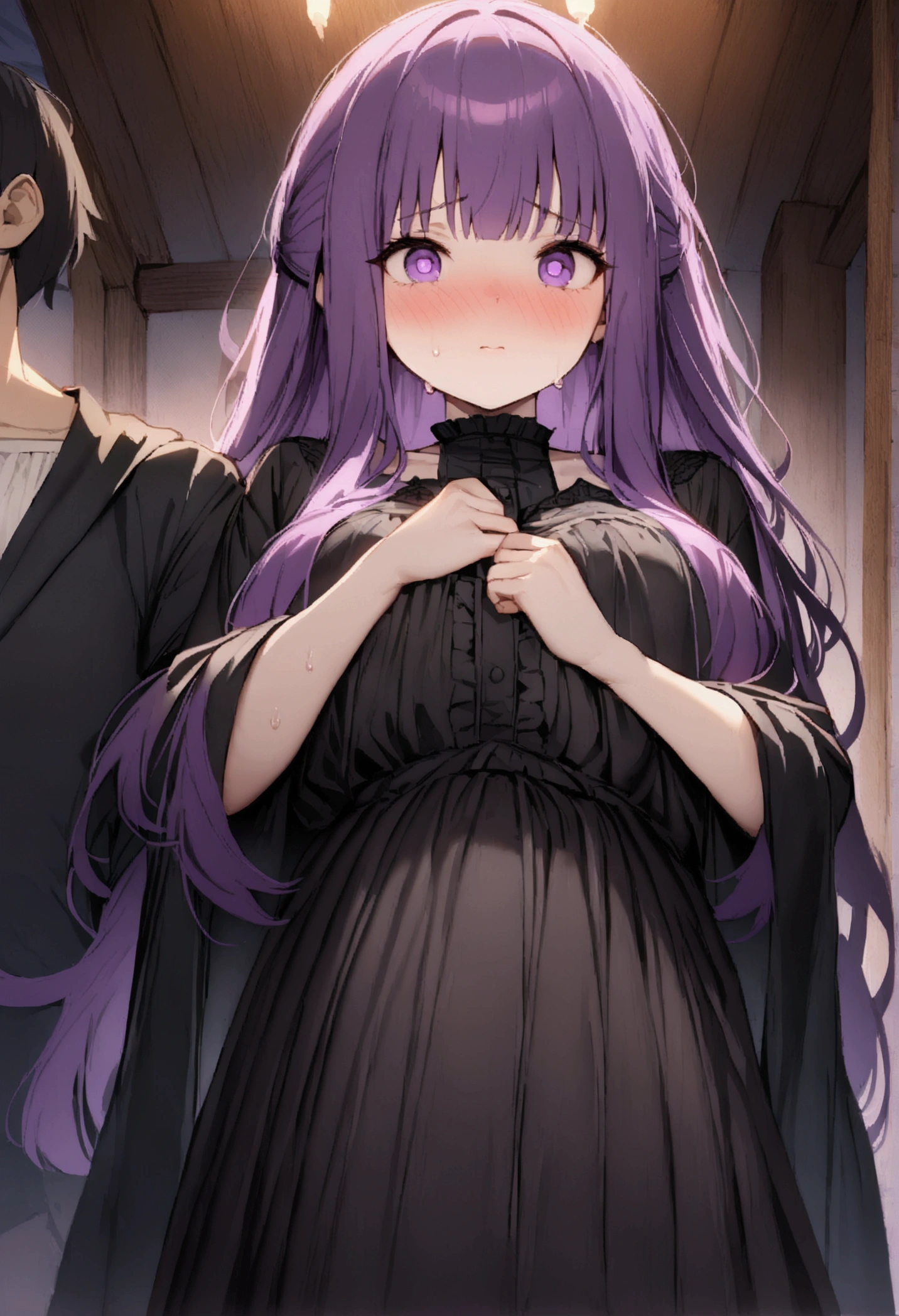 NSFW,masterpiece,Highest quality,High resolution,Super detailed,Fern\(Funeral of Frieren\),Purple eyes,Purple Hair,Long Hair,negligee,Embarrassed,blush,expectant face,Inn at night,bedroom,(Young men),A man puts his hands on her waist and hugs her,Put your hands inside your clothes,Circling the body