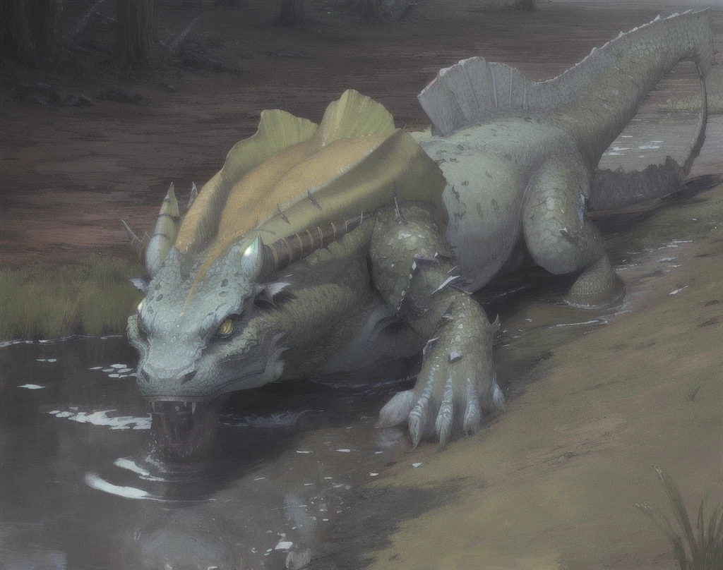 royal ludroth,solo,hi res,soft shading,good anatomy,tail,cinematic lighting,by seraziel,by woolrool,buta99,detailed background,realistic,swamp,blue eyes,red sclera,hands on ground,slit pupils,green accents,white scales, yellow fur,