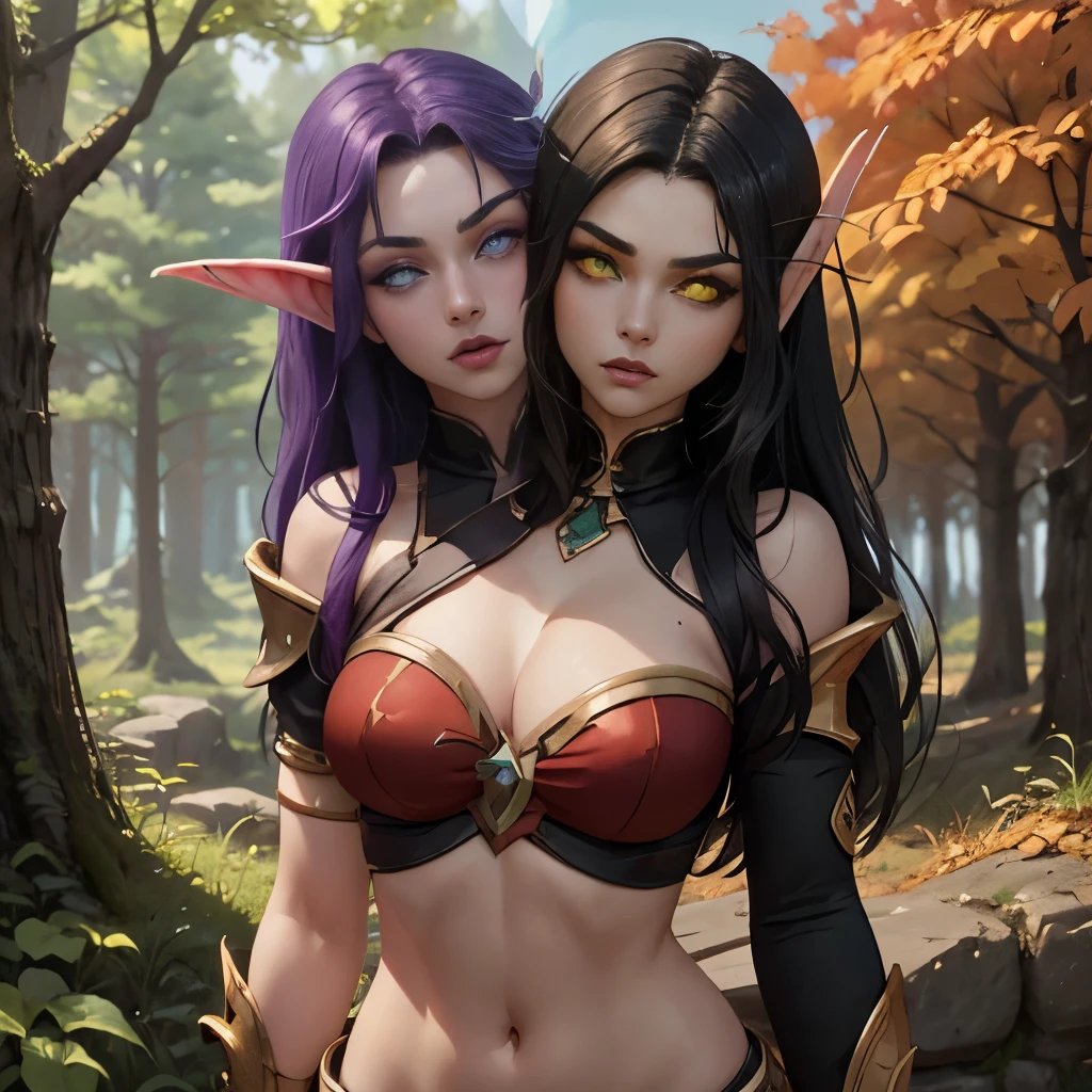 (Masterpiece, highly detailed, highly quality,  highly resolutions), body facing viewer, conjoined_dicephalus, two heads, BREAK nightelf, angry, clenched teeth, glowing eyes, blue eyes, Purple Hair, colored skin, mature female, purple midriff, navel, purple spike shoulder pad, platinum trim, green leaves, jewelry, looking at viewer, forest, night, bare shoulders, spring season