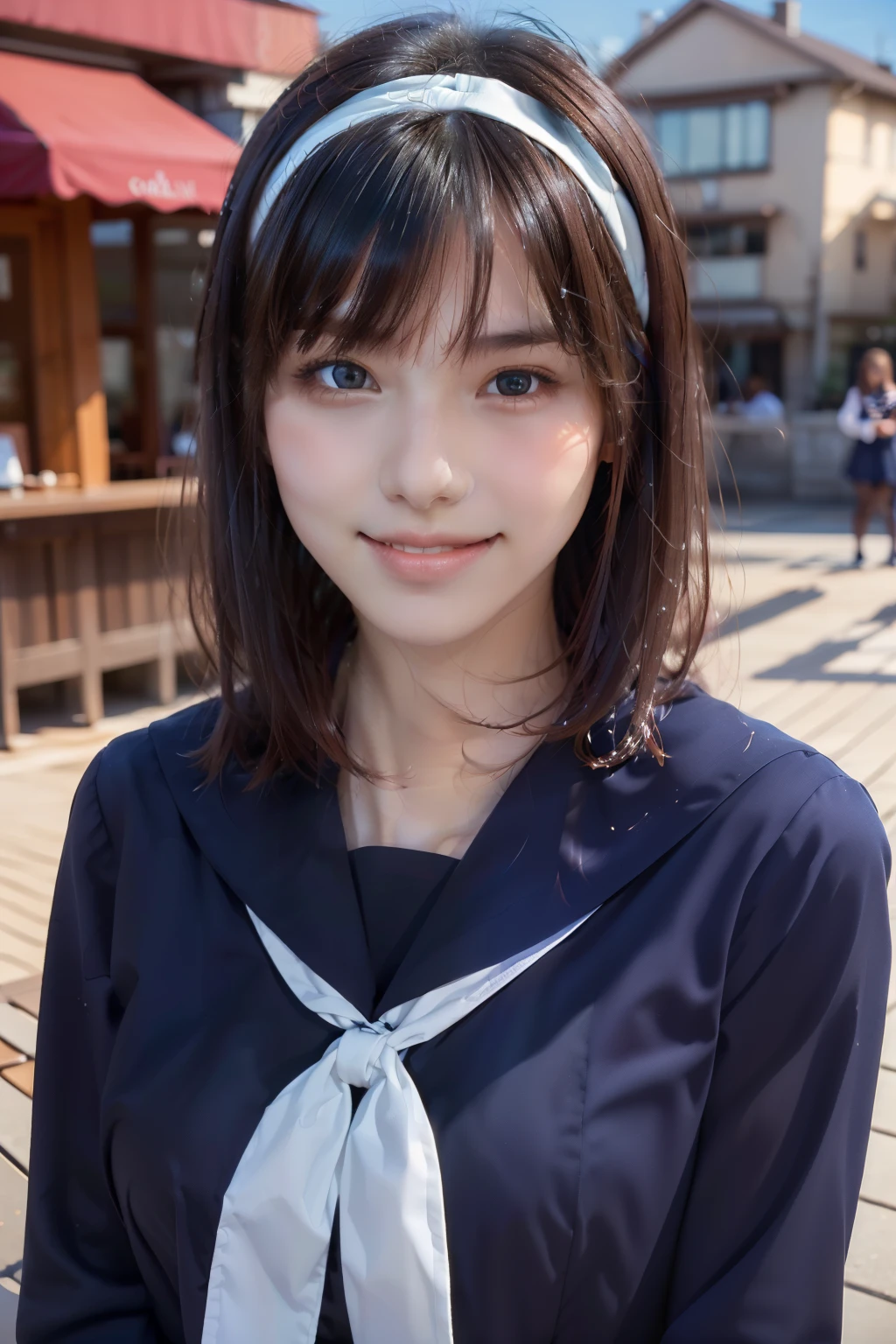 Sailor suit, One Woman, (Beautiful woman, delicate :1.3), Shiny Black Hair, Bobcut, bangs, (8k), (highest quality: 1.2), (Realistic), (Realistic: 1.37), (masterpiece), (Ultra-high resolution), (RAW Photos), (Absolute Resolution), (((face is small compared to body: 1.4))), (((Small face:1.4))), A balanced face, (Small Mouth: 1.4), ((Slim female body: 1.4)), Black Hair, (((long sleeve Sailor suit))), realistic high school girl, (((White headband))), Small breasts, Slanted Eyes, Bright Blue Eyes, (Cafe on the open terrace), Open your mouth, smile, Blurred, full body,